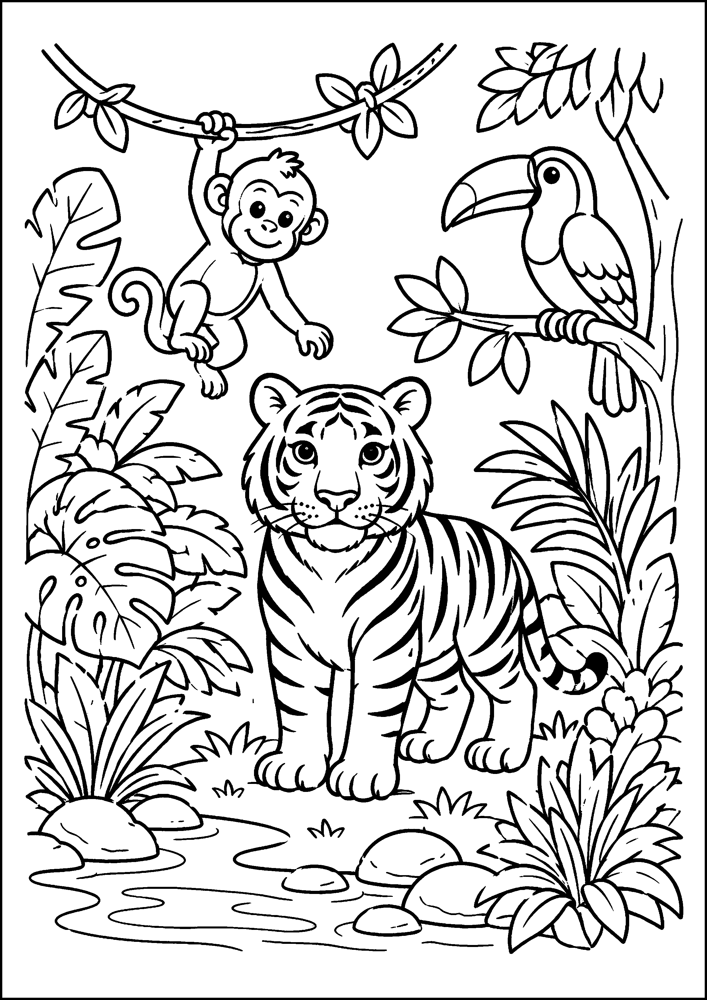 Coloriage tigre dans la jungle avec un perroquet à imprimer gratuitement
