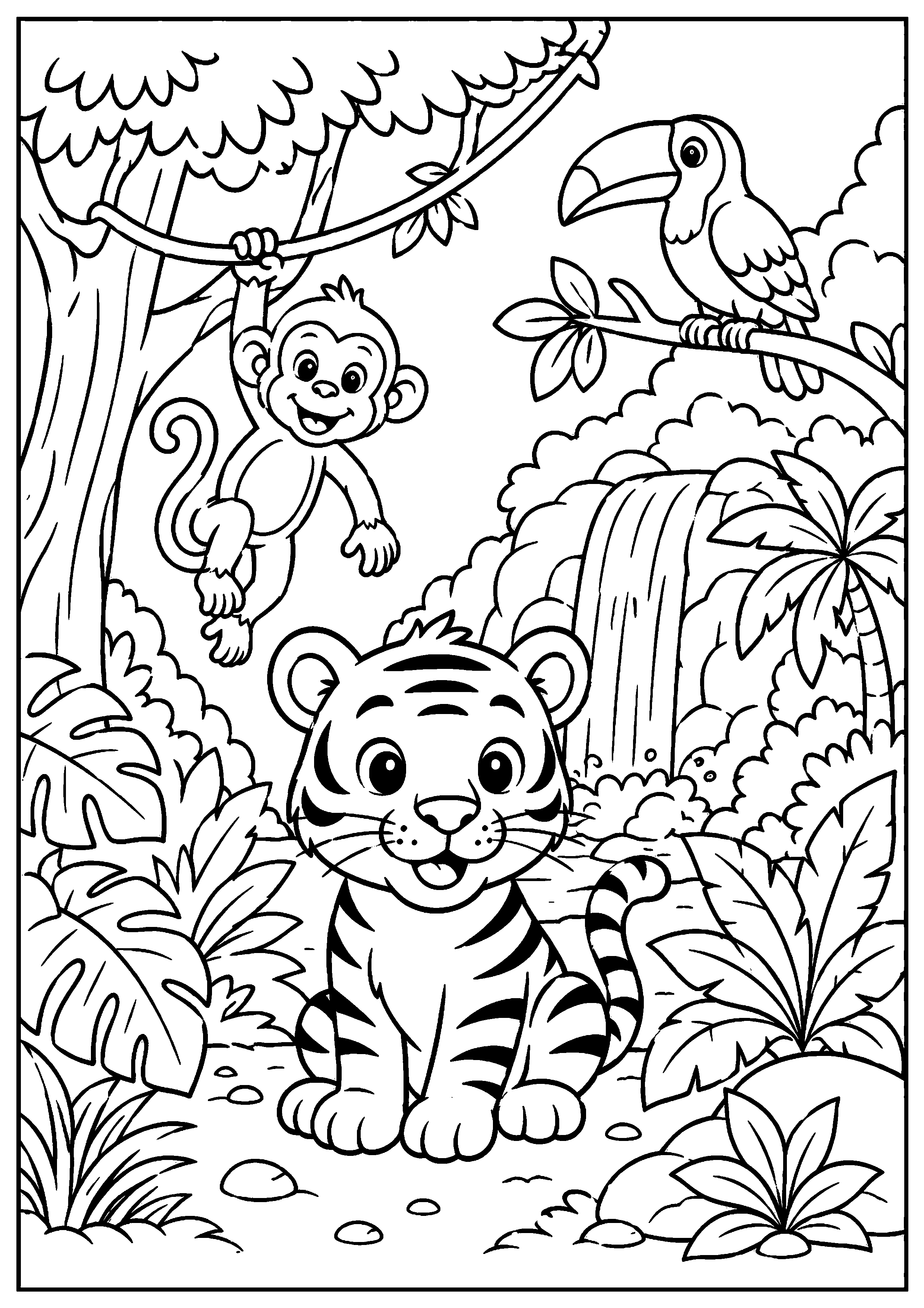 Coloriage tigre avec singe et perroquet au bord d’une cascade à imprimer gratuitement