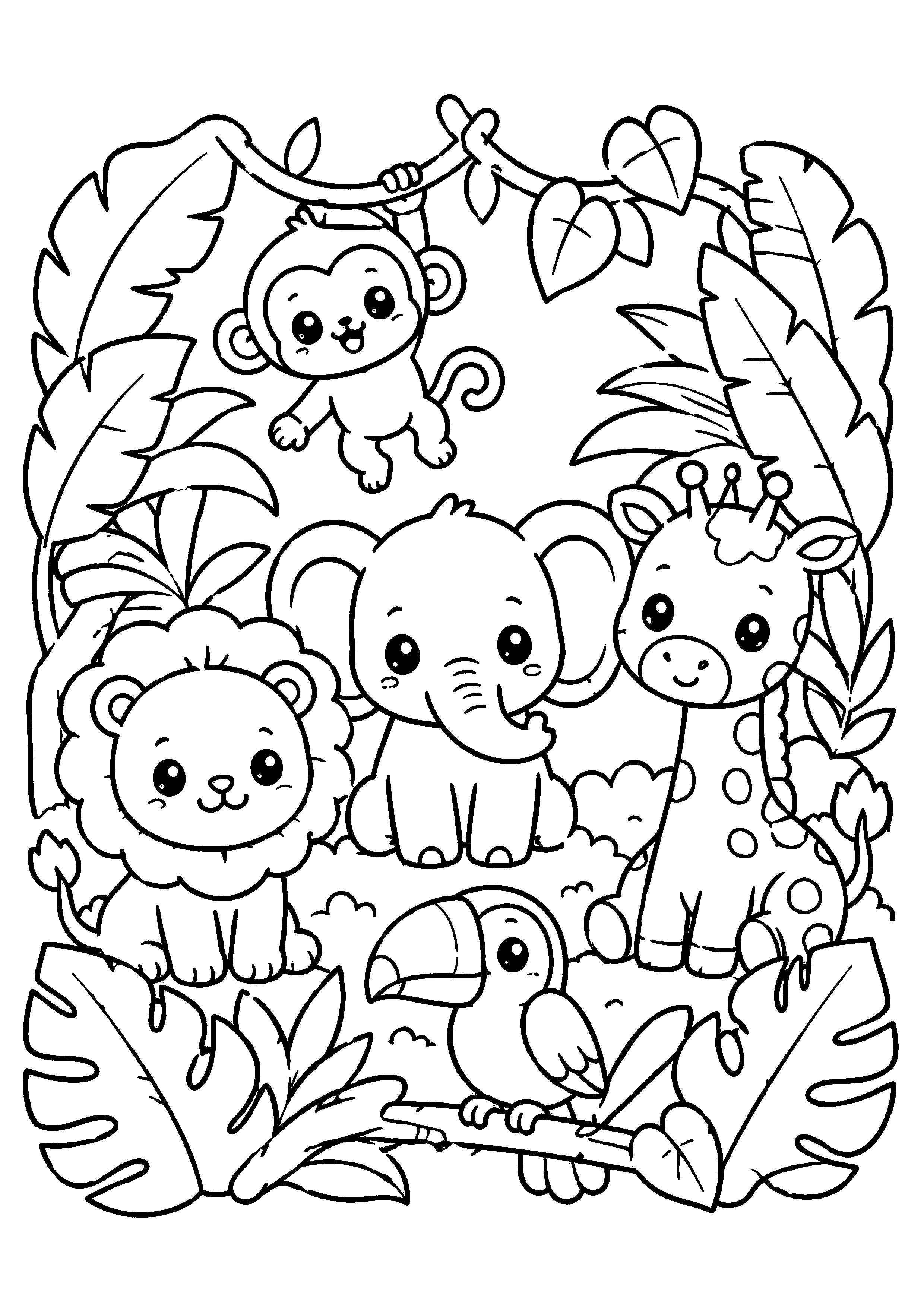 Coloriage groupe d’animaux de jungle dans le feuillage à imprimer gratuitement