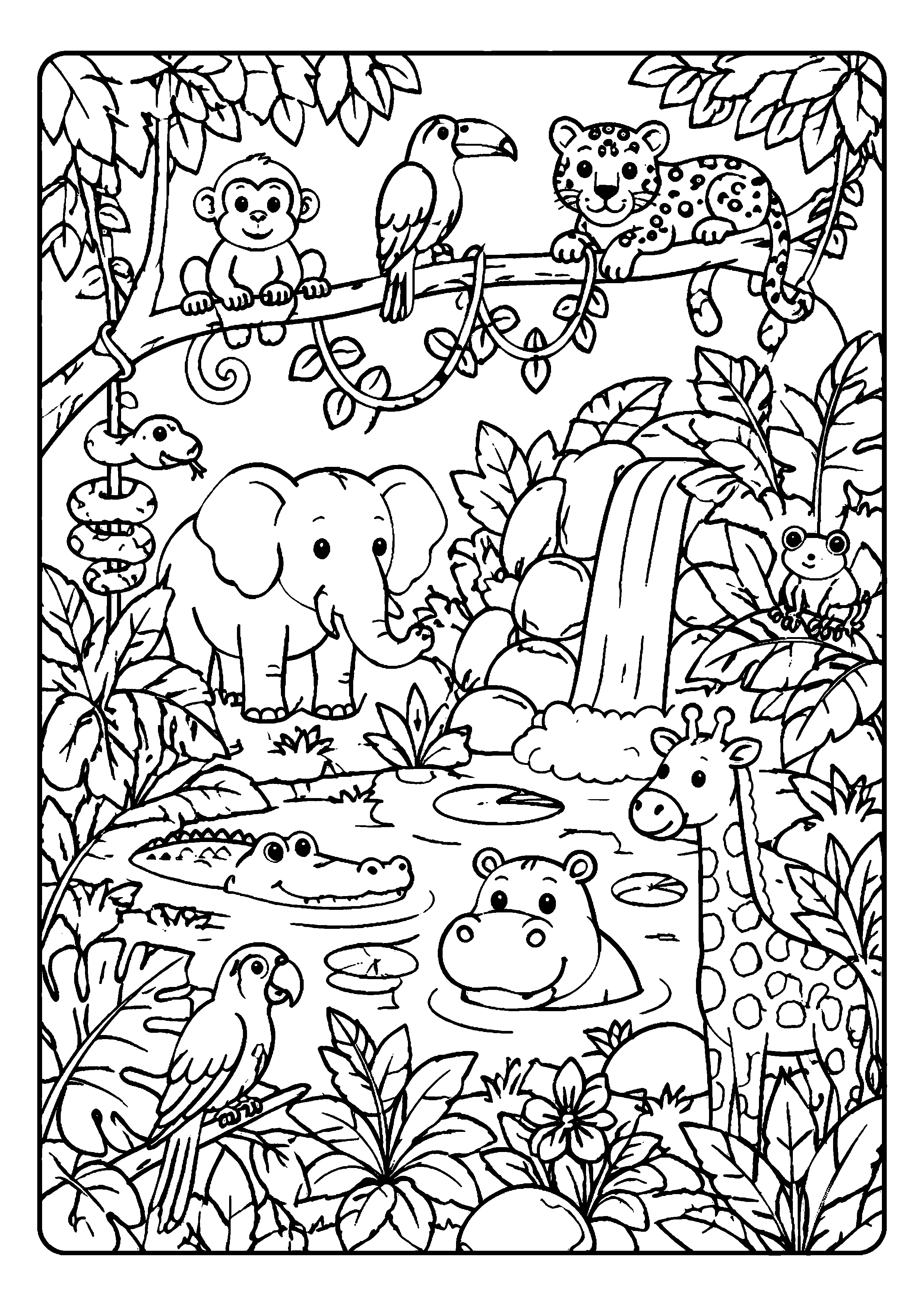 Coloriage grande scène de jungle avec cascade et animaux à imprimer gratuitement