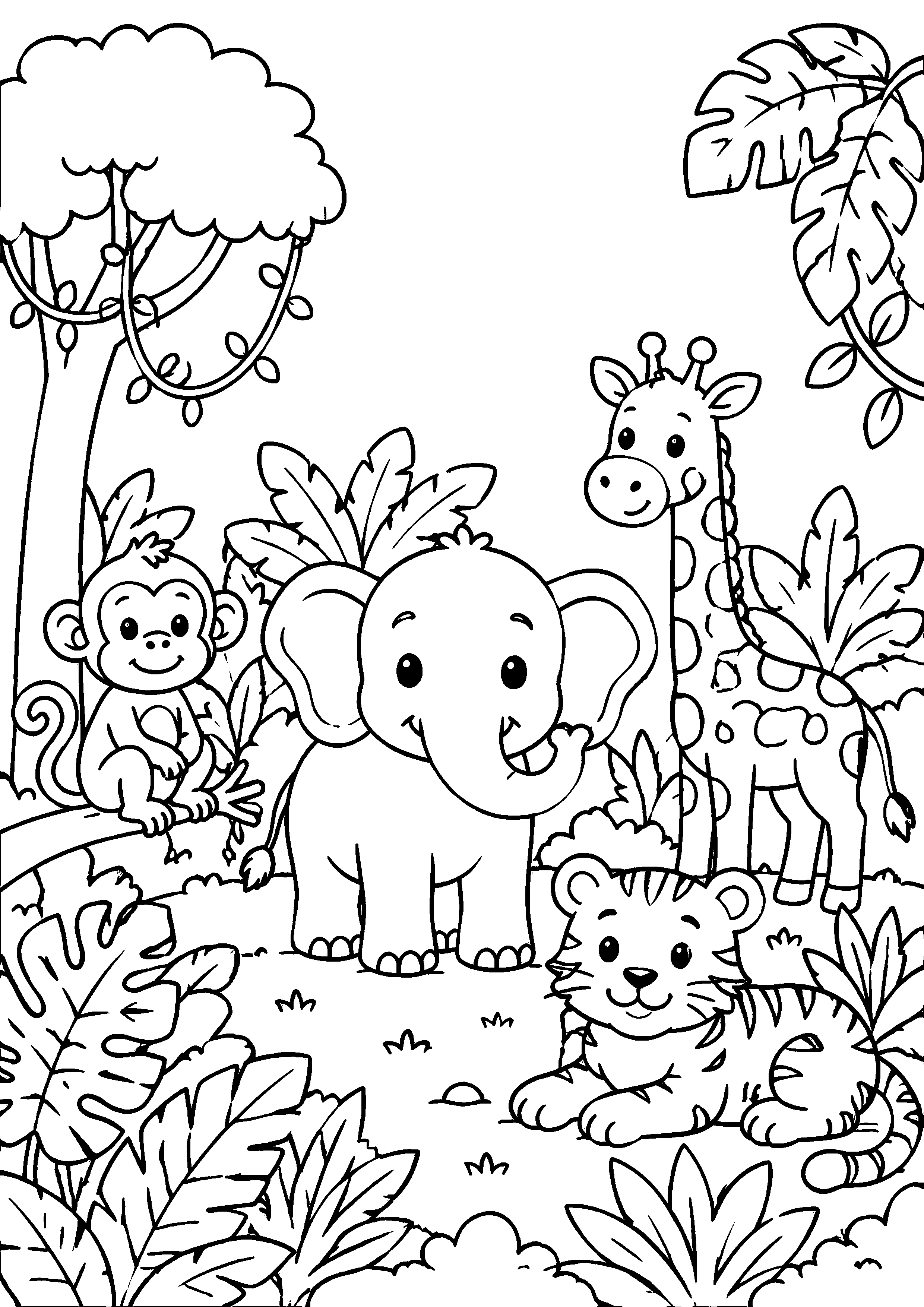 Coloriage éléphant, girafe et tigre dans la végétation à imprimer gratuitement