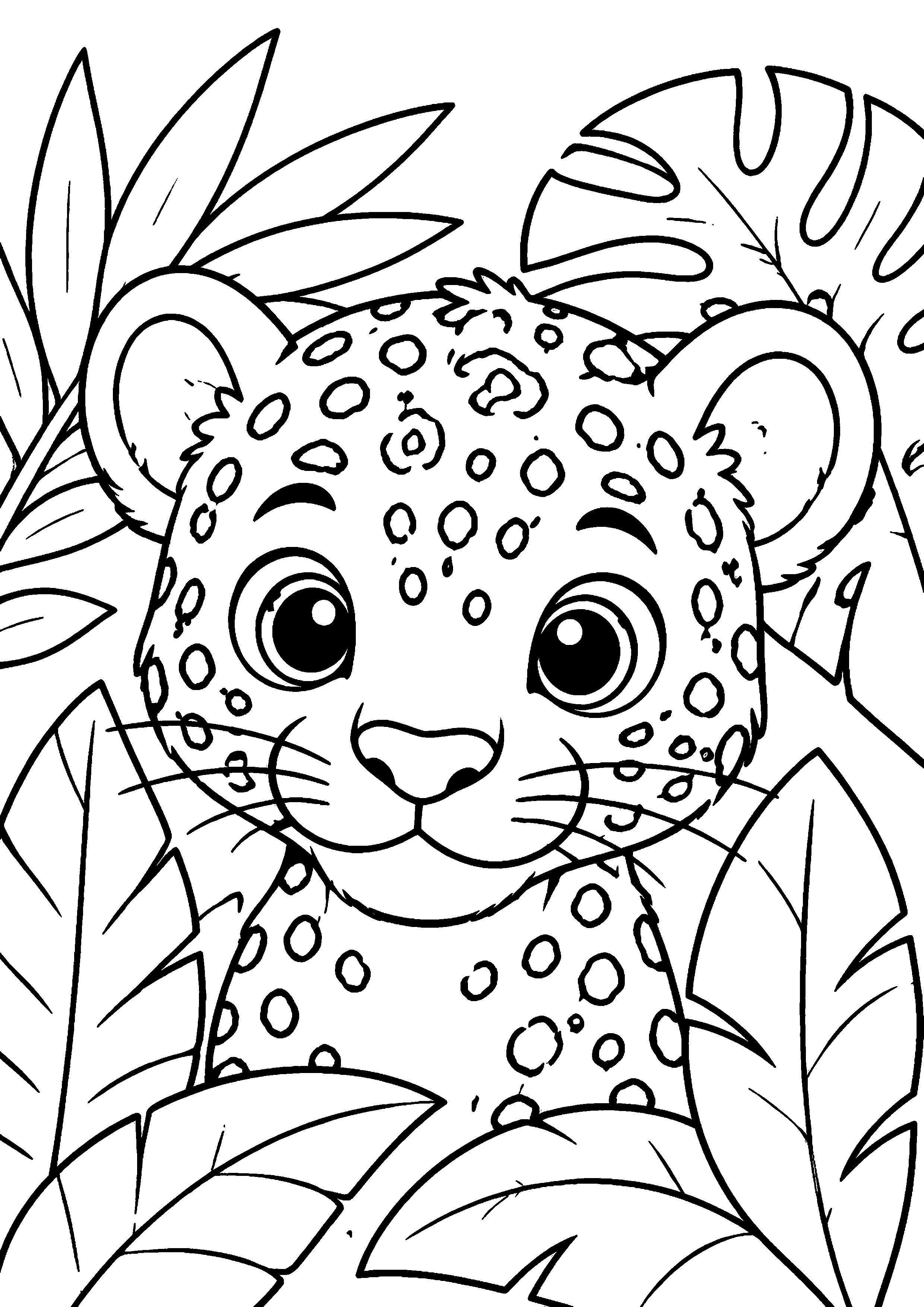 Coloriage portrait de bébé léopard dans les feuilles à imprimer gratuitement
