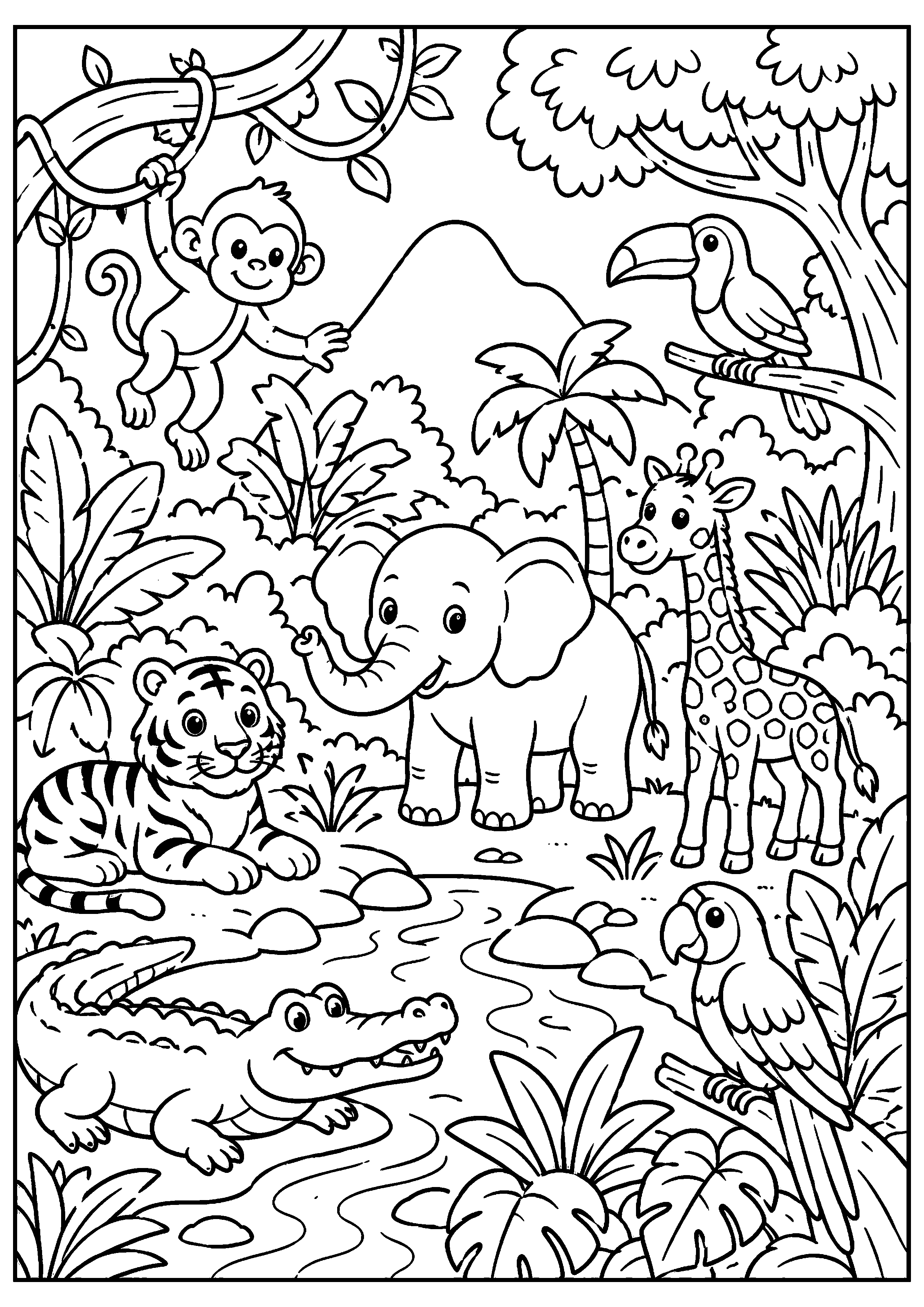 Coloriage jungle avec éléphant, girafe, crocodile et tigre à imprimer gratuitement