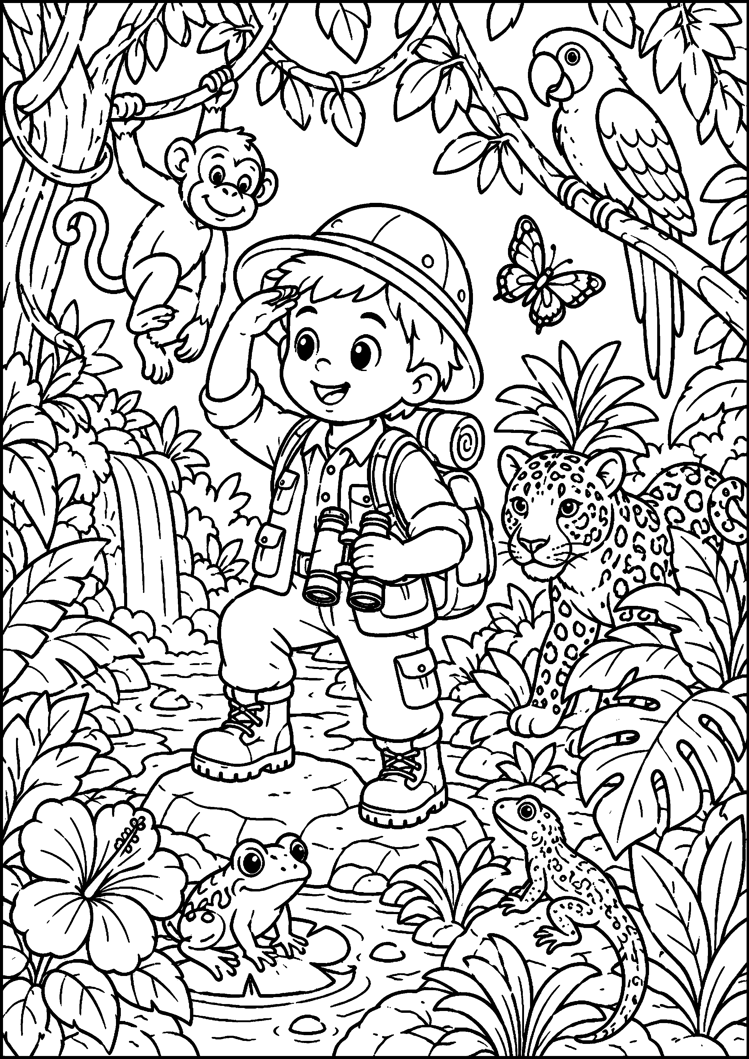 Coloriage jeune explorateur dans la jungle avec les animaux à imprimer gratuitement