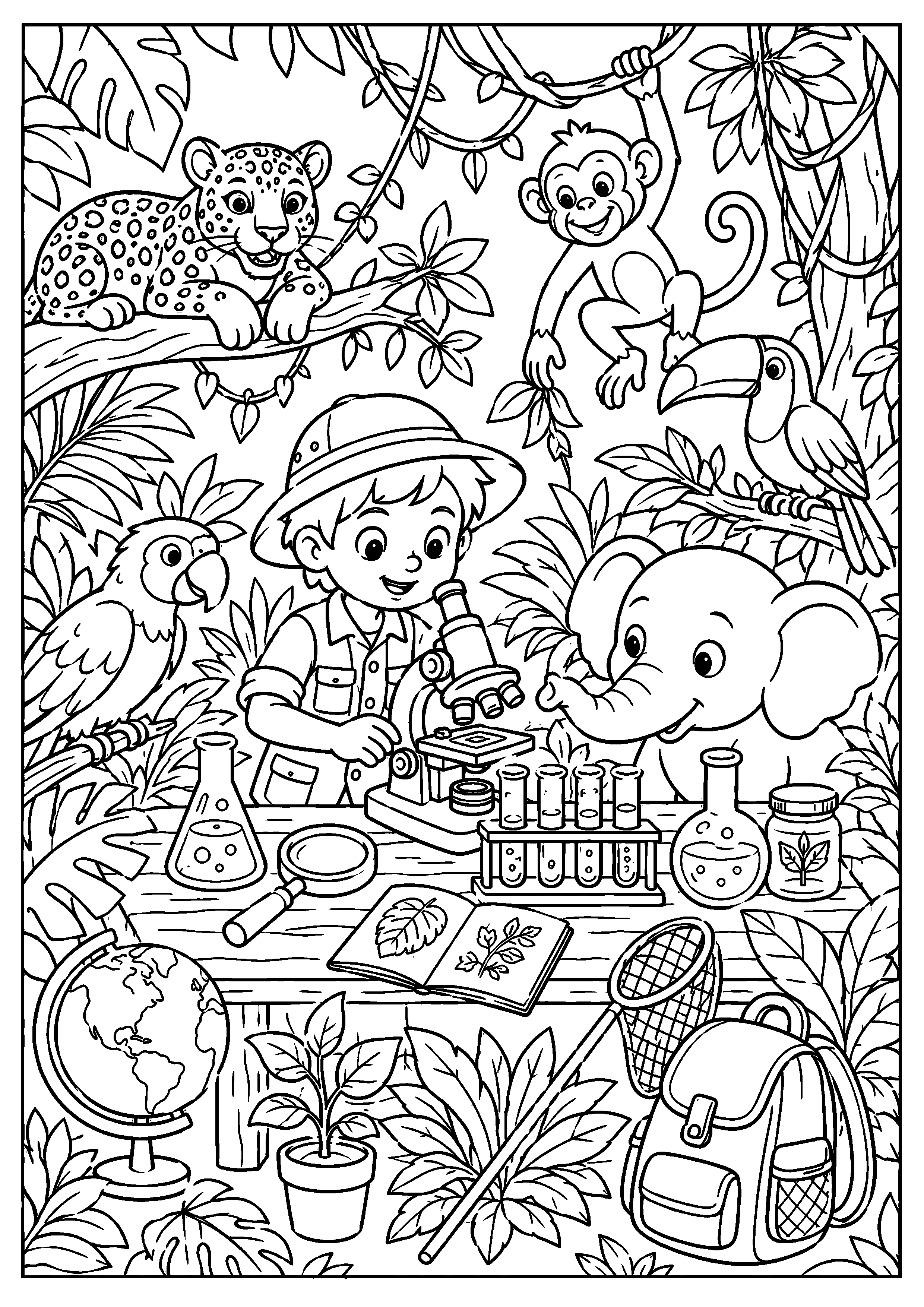 Coloriage jeune explorateur observant un éléphant au campement à imprimer gratuitement