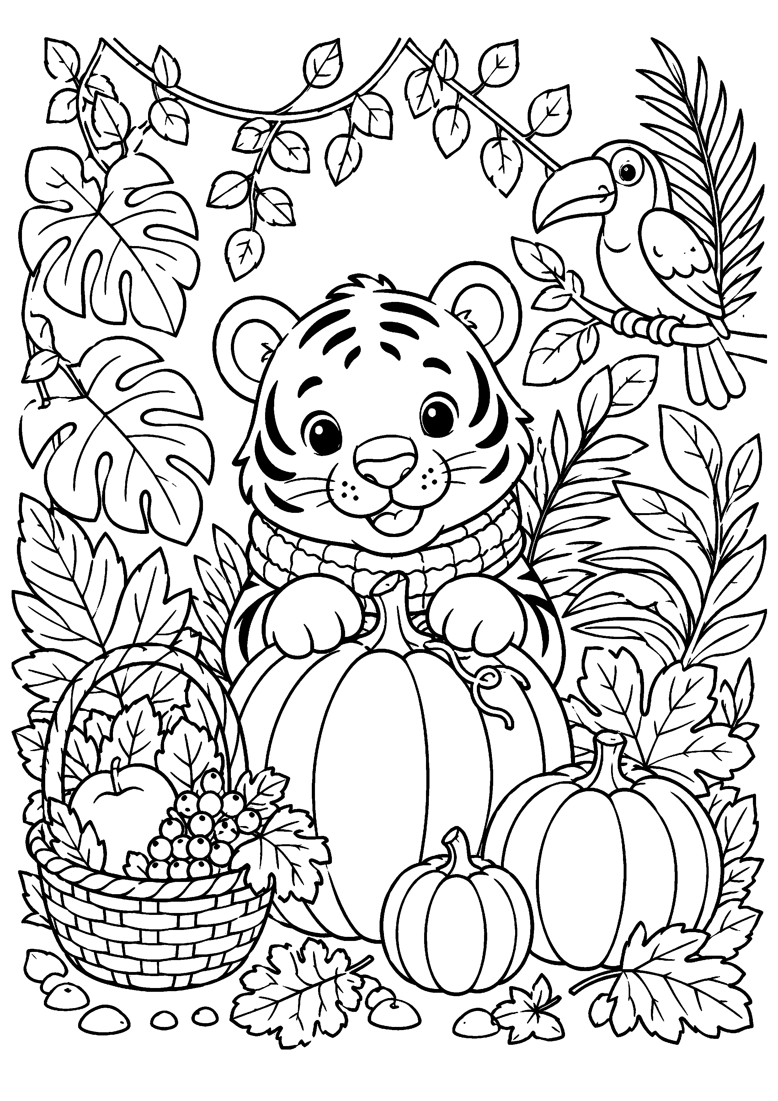 Coloriage bébé tigre au milieu de plantes et fruits tropicaux à imprimer gratuitement