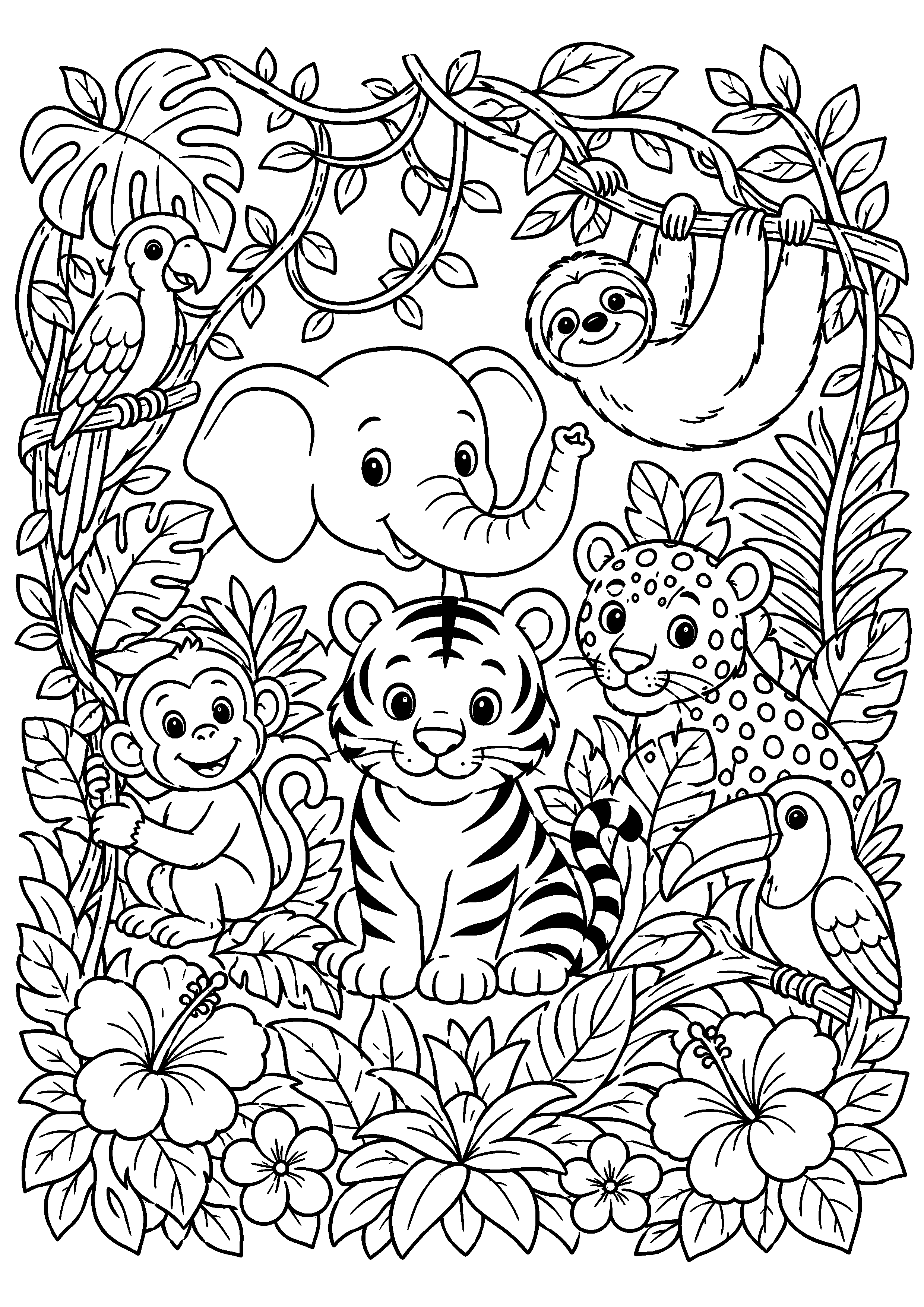 Coloriage éléphant, tigre et singe dans un cadre de jungle à imprimer gratuitement