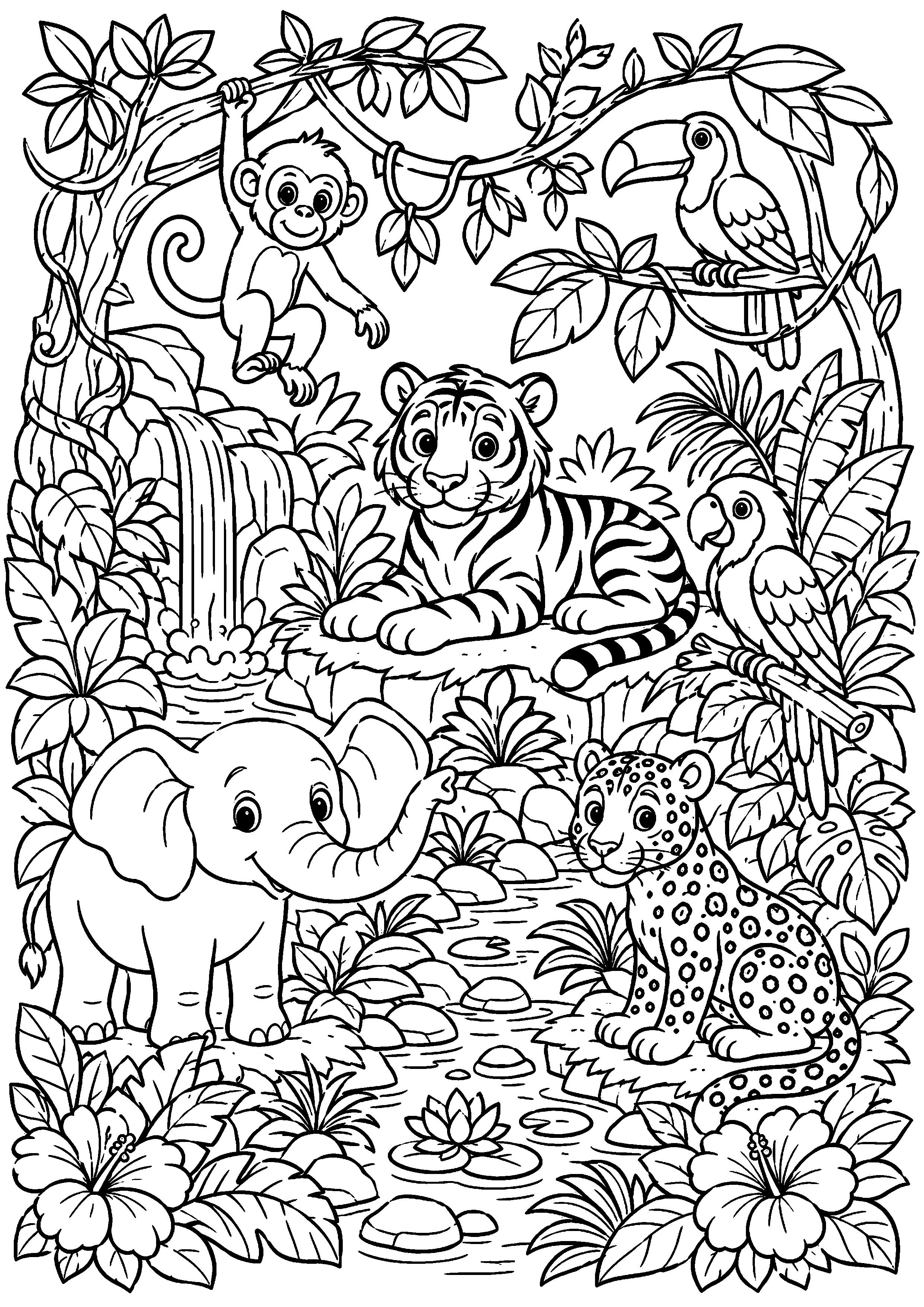 Coloriage grande scène très détaillée de jungle avec éléphant, tigre et oiseaux à imprimer gratuitement