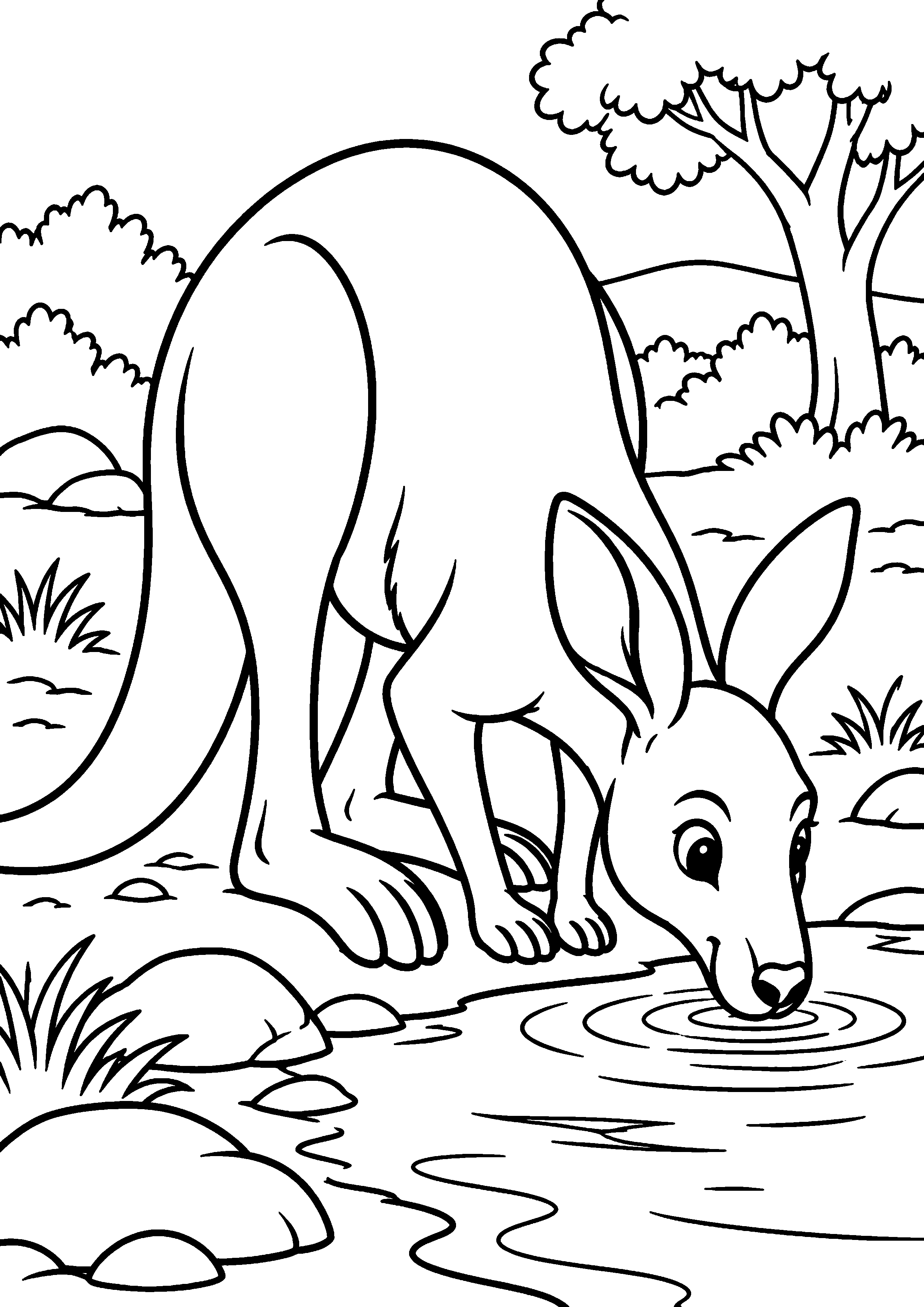 Grand coloriage d’un kangourou parent et petit blottis l’un contre l’autre, contours noirs nets sur fond blanc