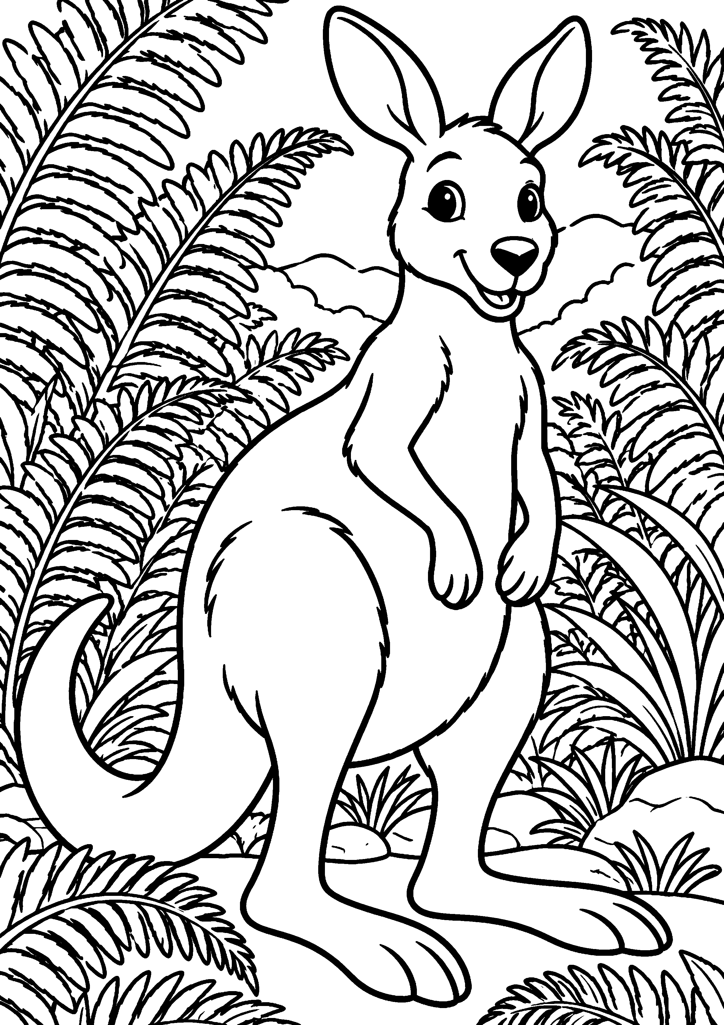 Grand coloriage d’un kangourou en famille de trois dans son habitat, contours noirs nets sur fond blanc