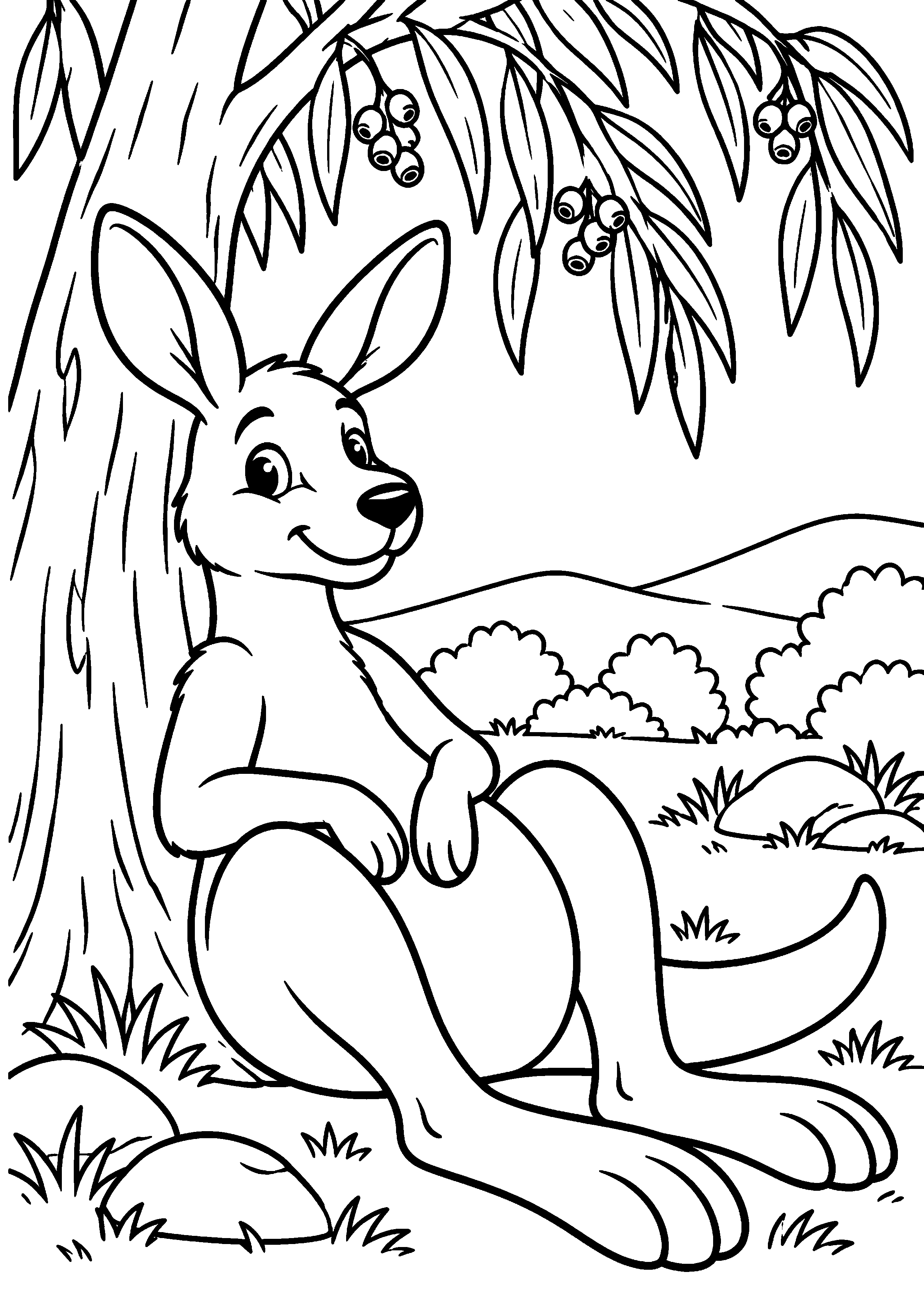 Grand coloriage d’un kangourou buvant au bord d’un ruisseau, contours noirs nets sur fond blanc
