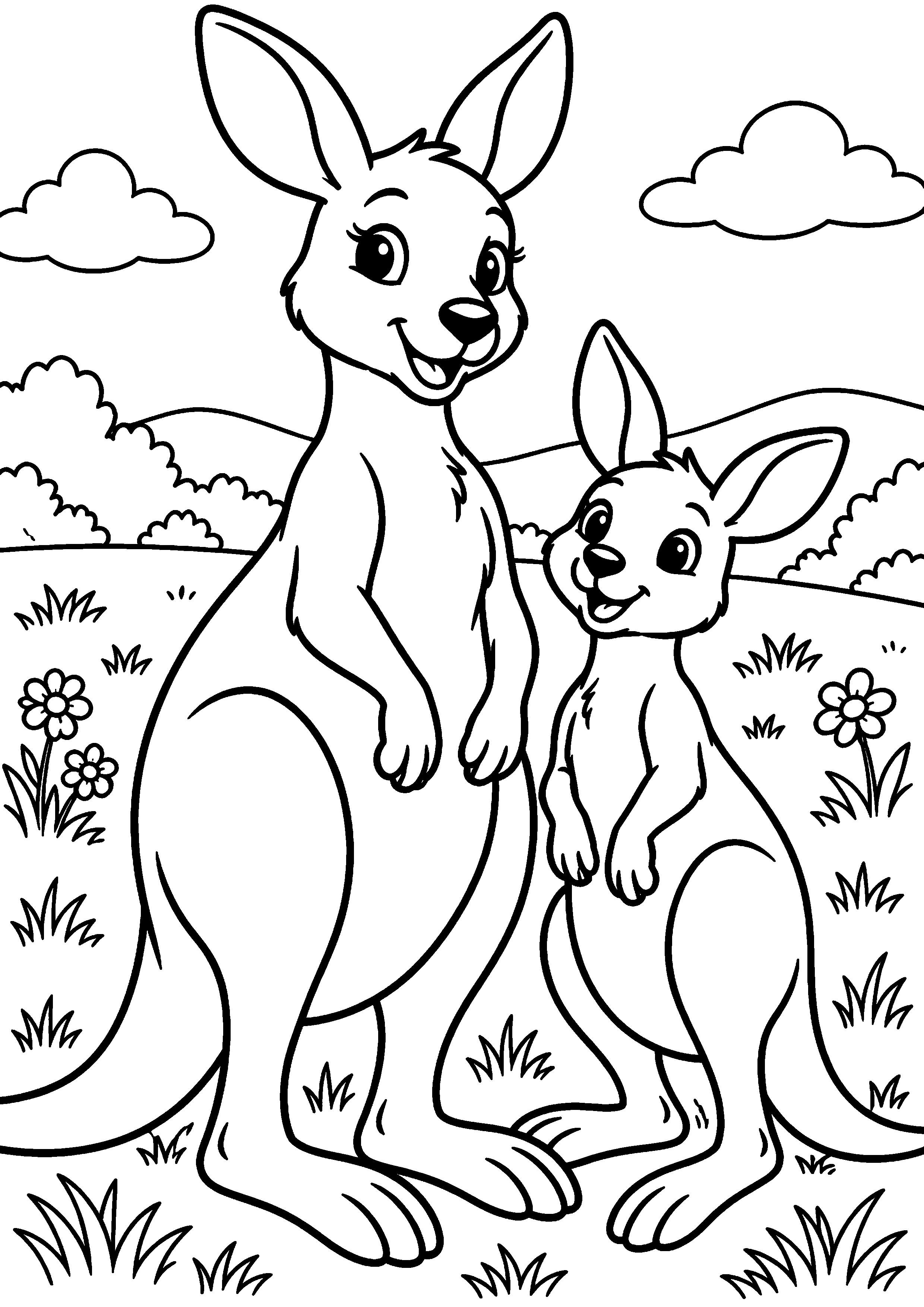 Grand coloriage d’un kangourou jouant avec une branche, contours noirs nets sur fond blanc