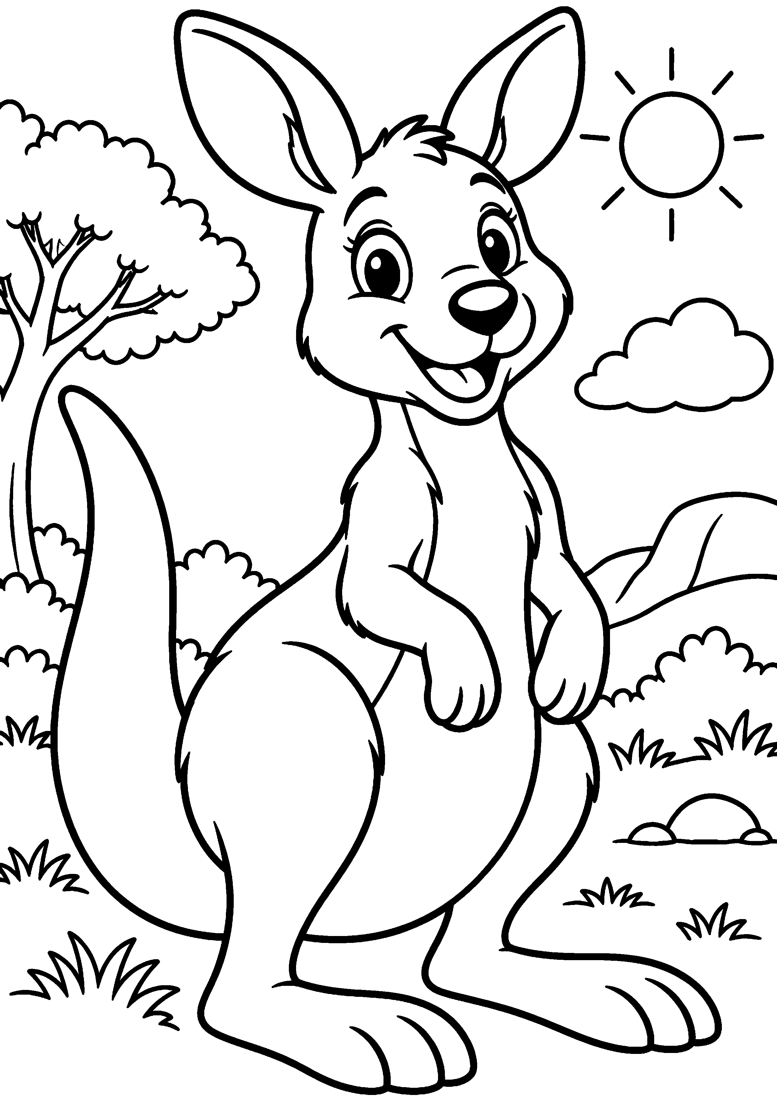 Grand coloriage d’un kangourou sautant au-dessus d’un petit tronc, contours noirs nets sur fond blanc