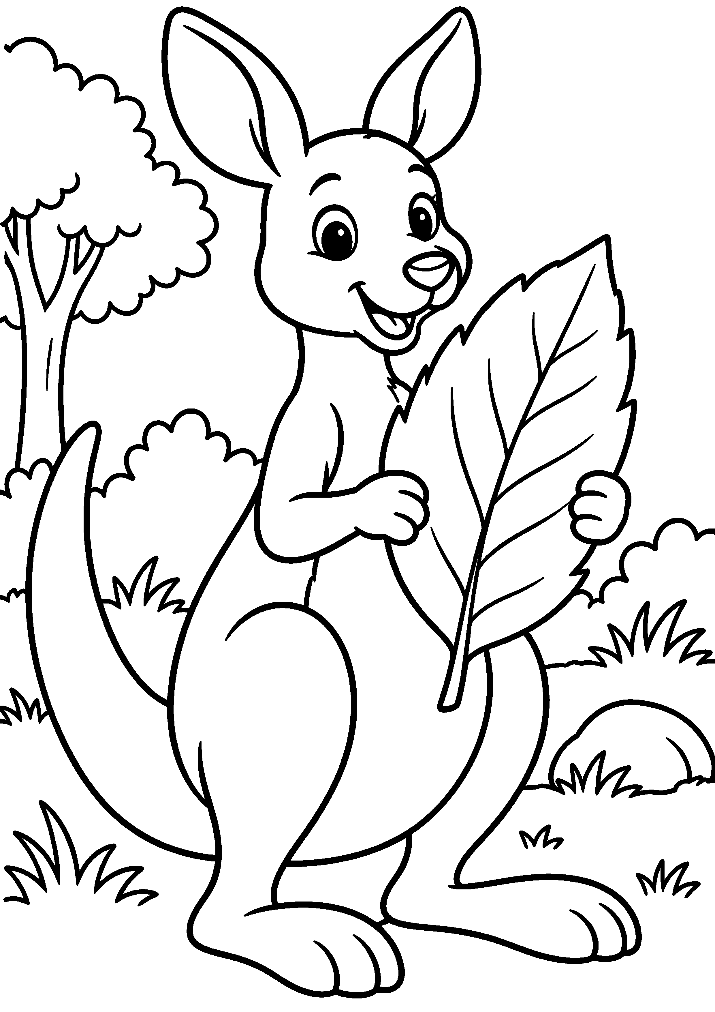 Grand coloriage d’un kangourou observant un papillon, contours noirs nets sur fond blanc