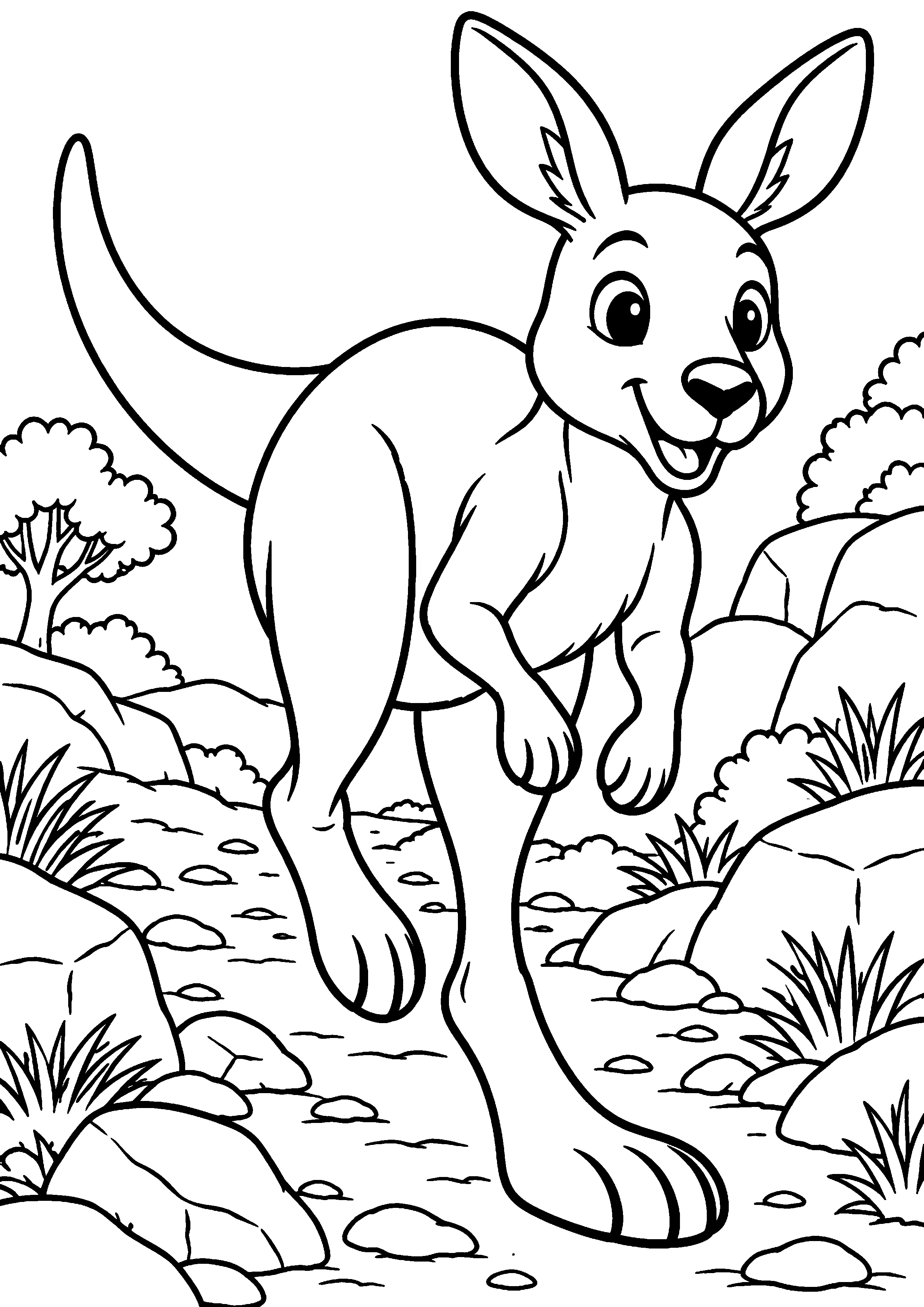 Grand coloriage d’un kangourou reniflant des fleurs sauvages, contours noirs nets sur fond blanc