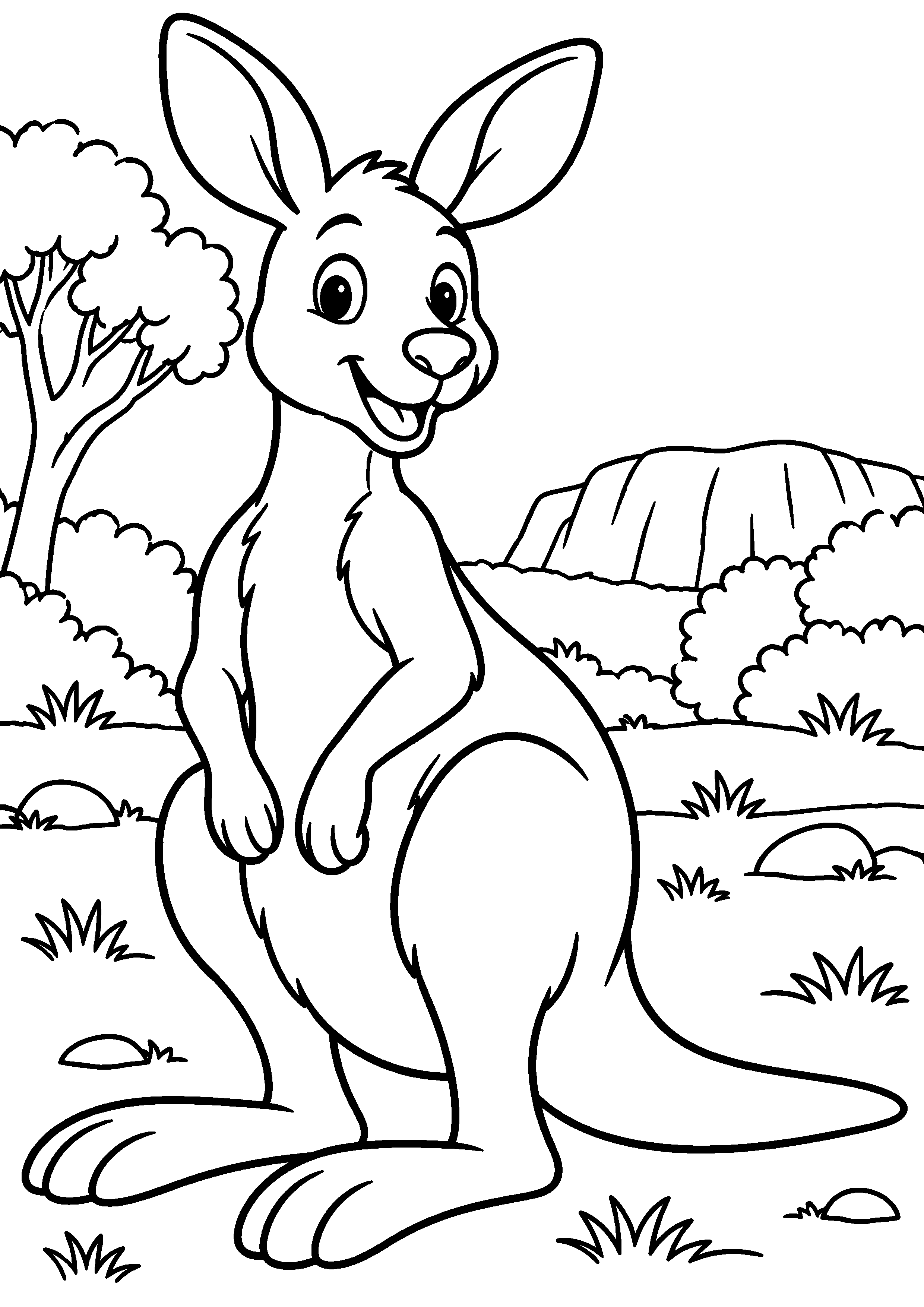 Grand coloriage d’un kangourou entouré de fleurs de printemps, contours noirs nets sur fond blanc