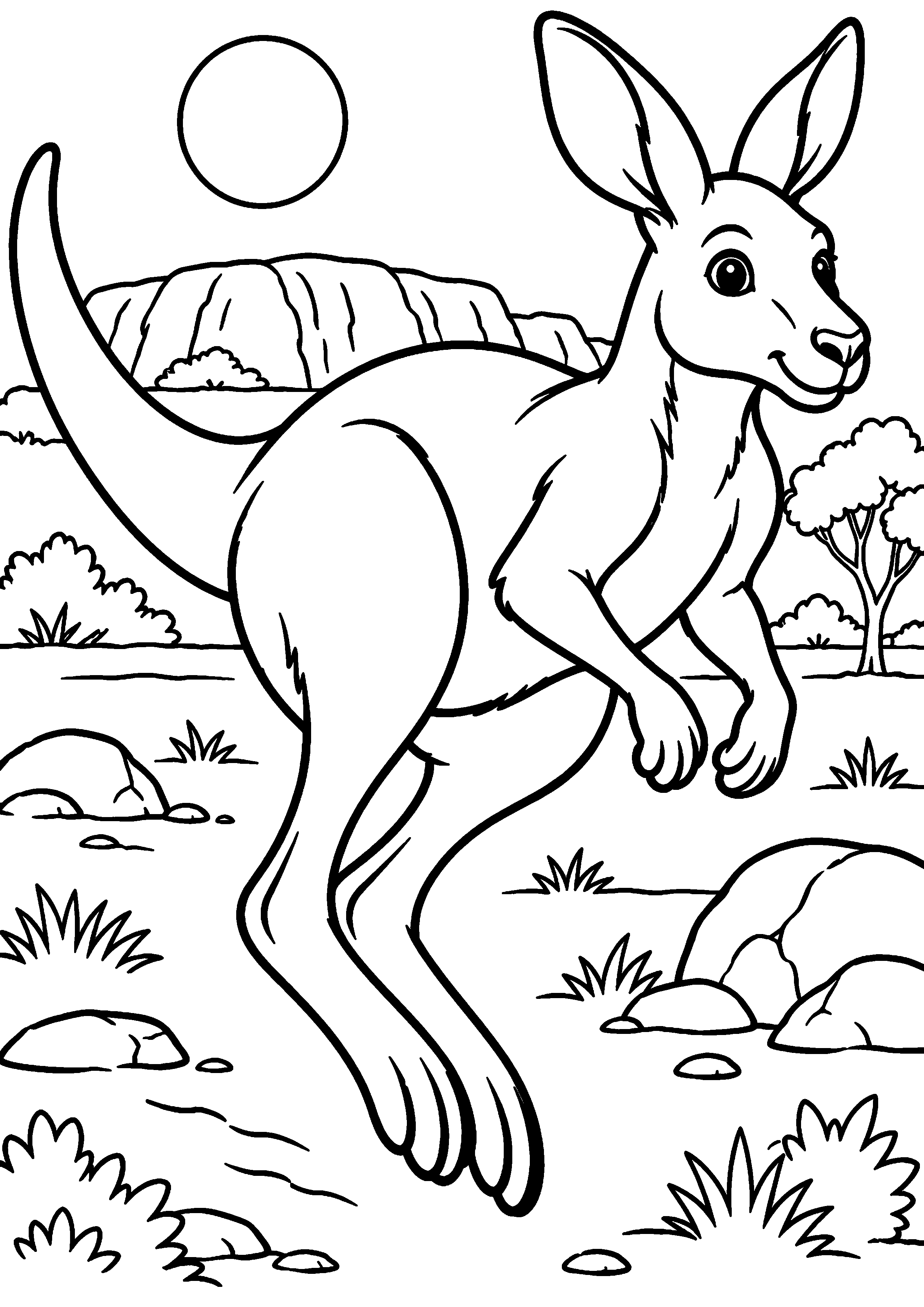 Grand coloriage d’un kangourou dans une scène d’été naturelle, contours noirs nets sur fond blanc