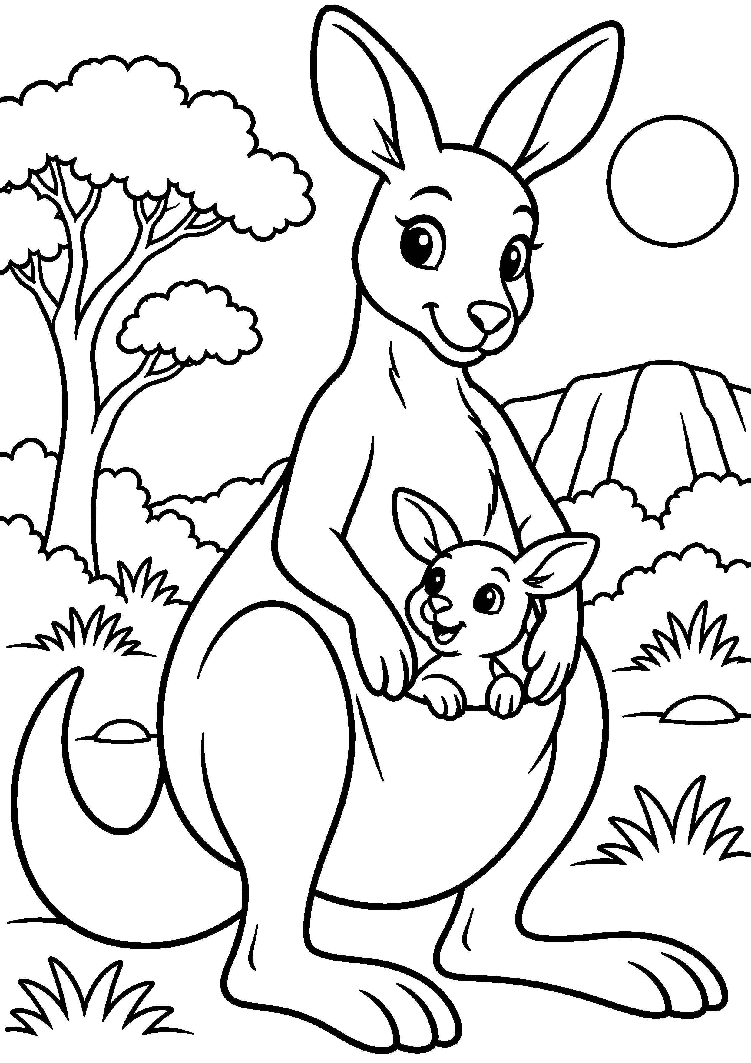 Grand coloriage d’un kangourou près de son abri naturel, contours noirs nets sur fond blanc