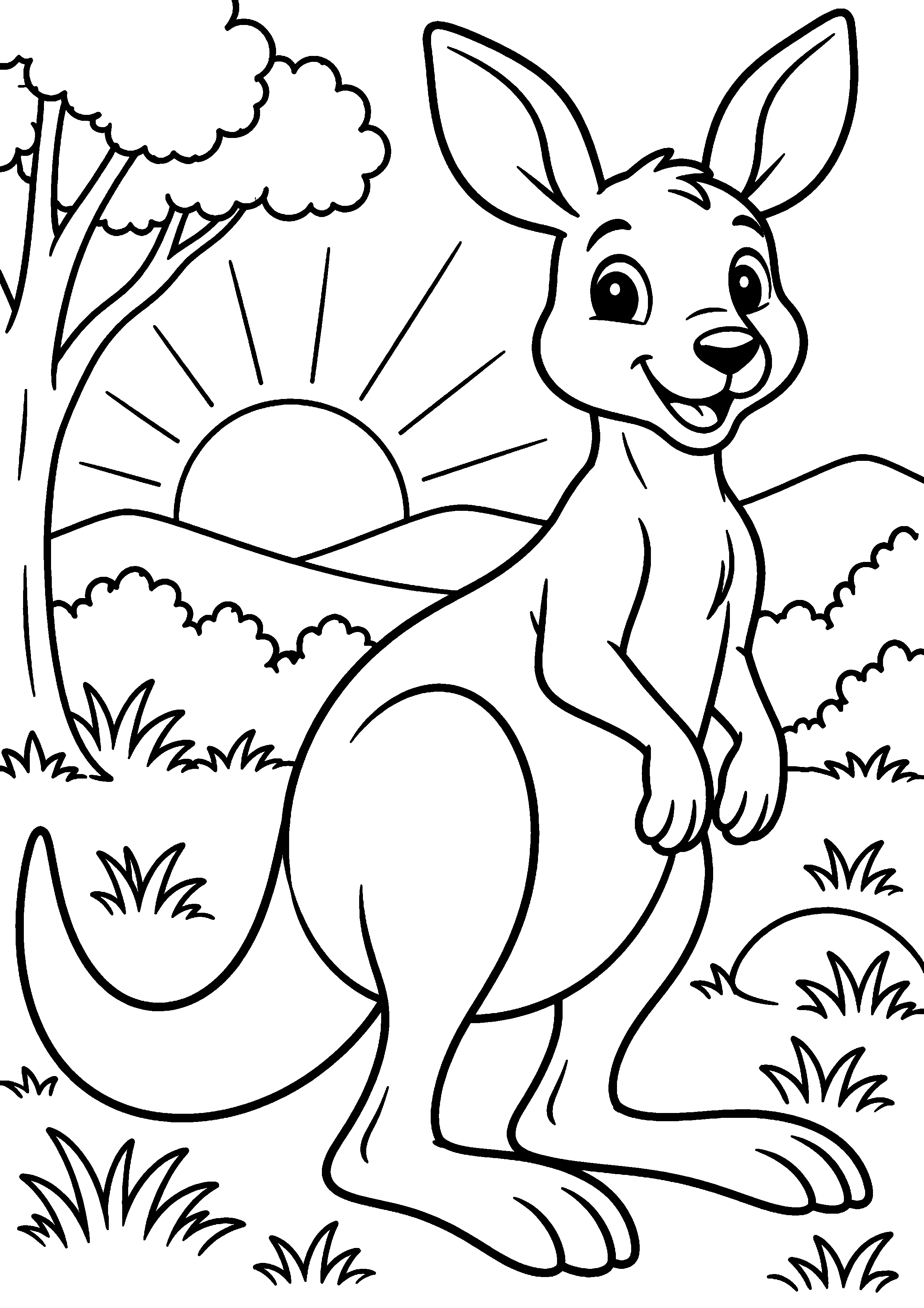 Grand coloriage d’un kangourou explorant de grands rochers, contours noirs nets sur fond blanc