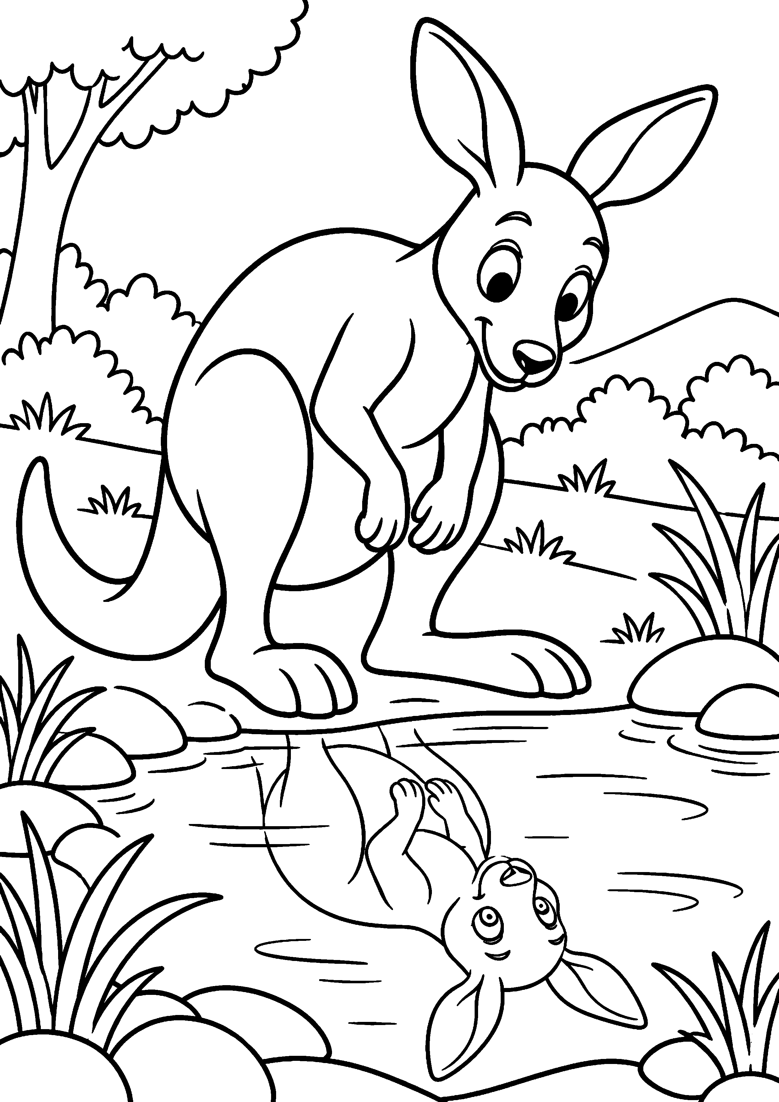 Grand coloriage d’un kangourou traversant un tronc couché, contours noirs nets sur fond blanc