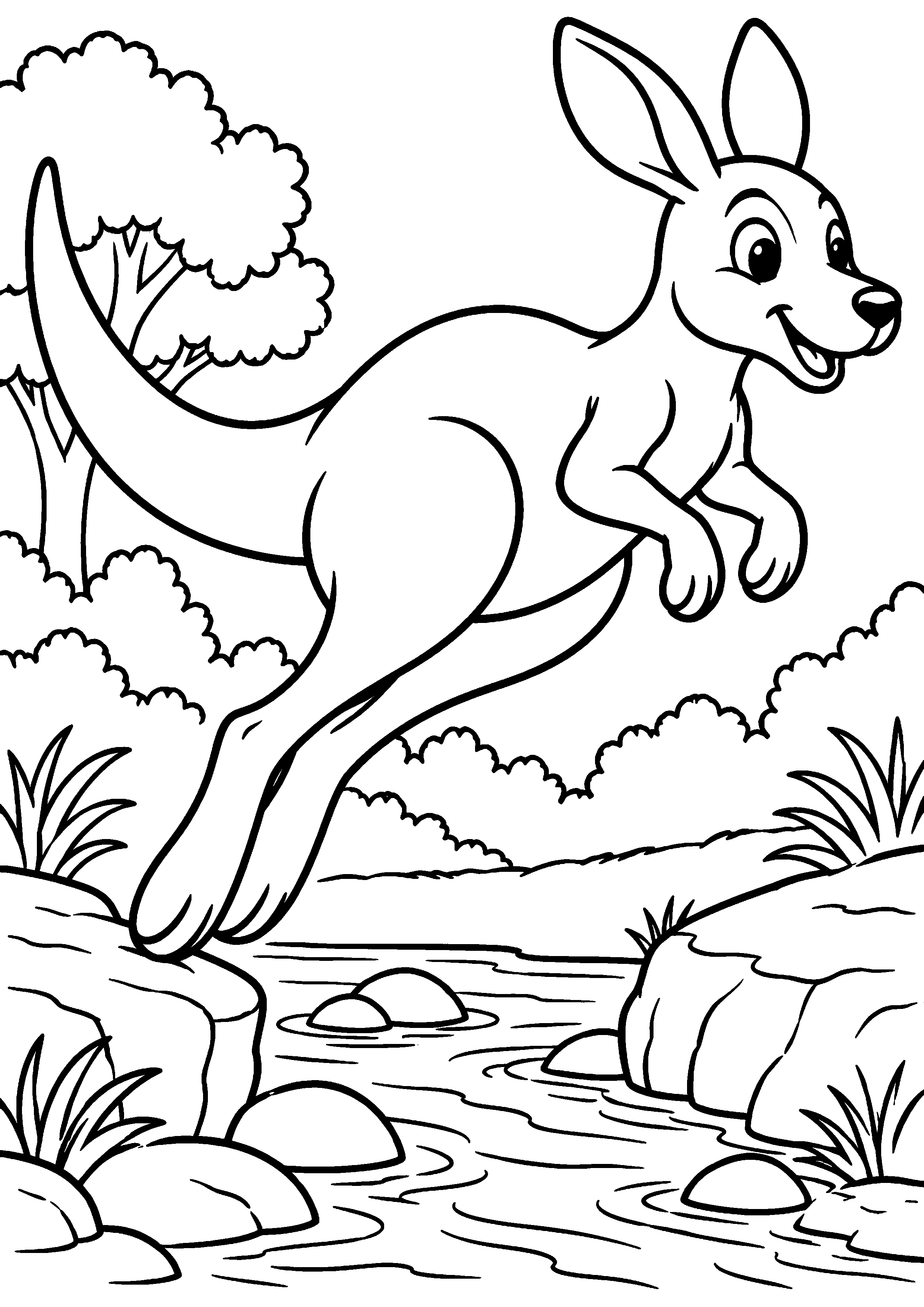 Grand coloriage d’un kangourou levant la tête vers un oiseau, contours noirs nets sur fond blanc
