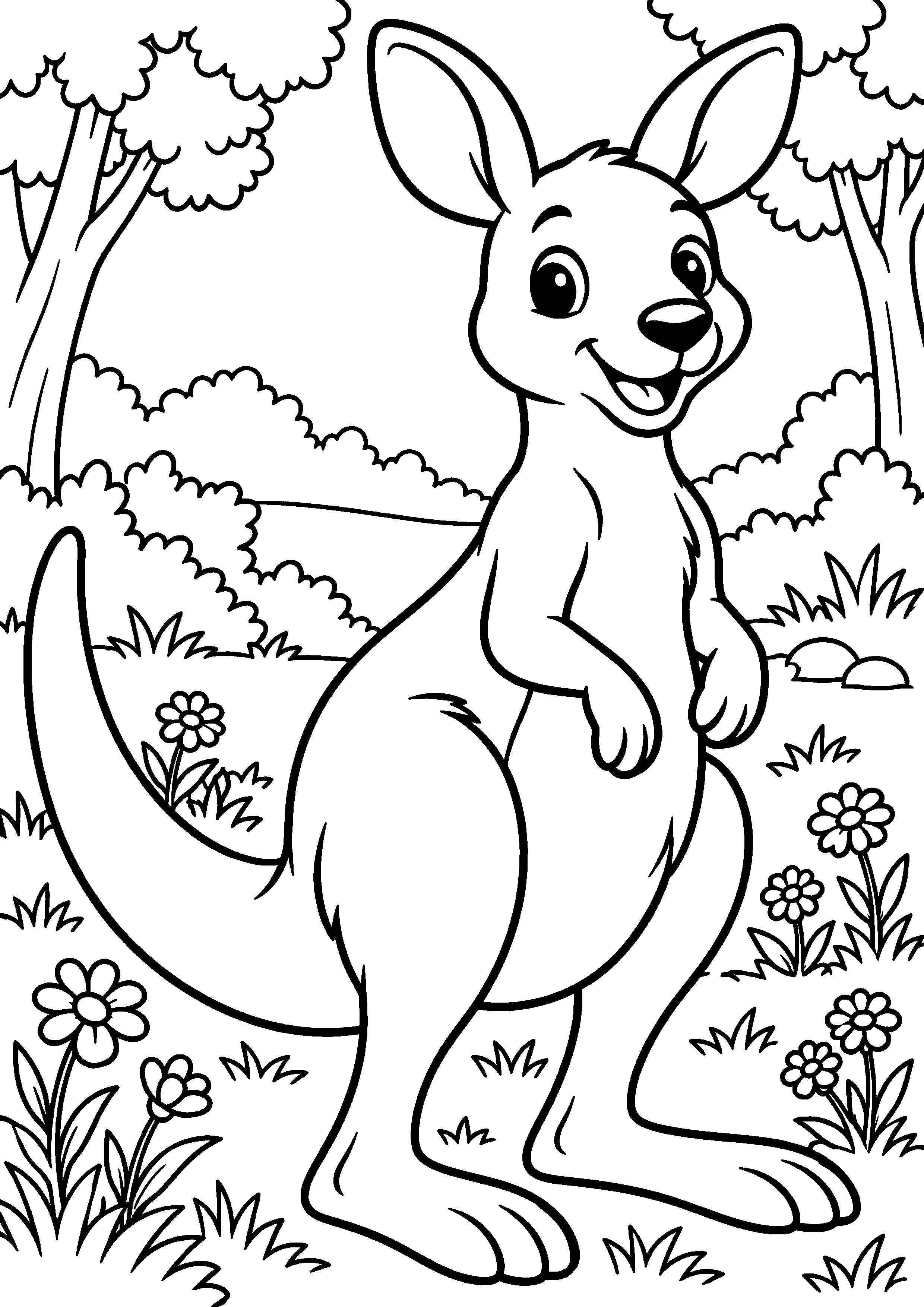 Grand coloriage d’un kangourou faisant sa toilette, contours noirs nets sur fond blanc