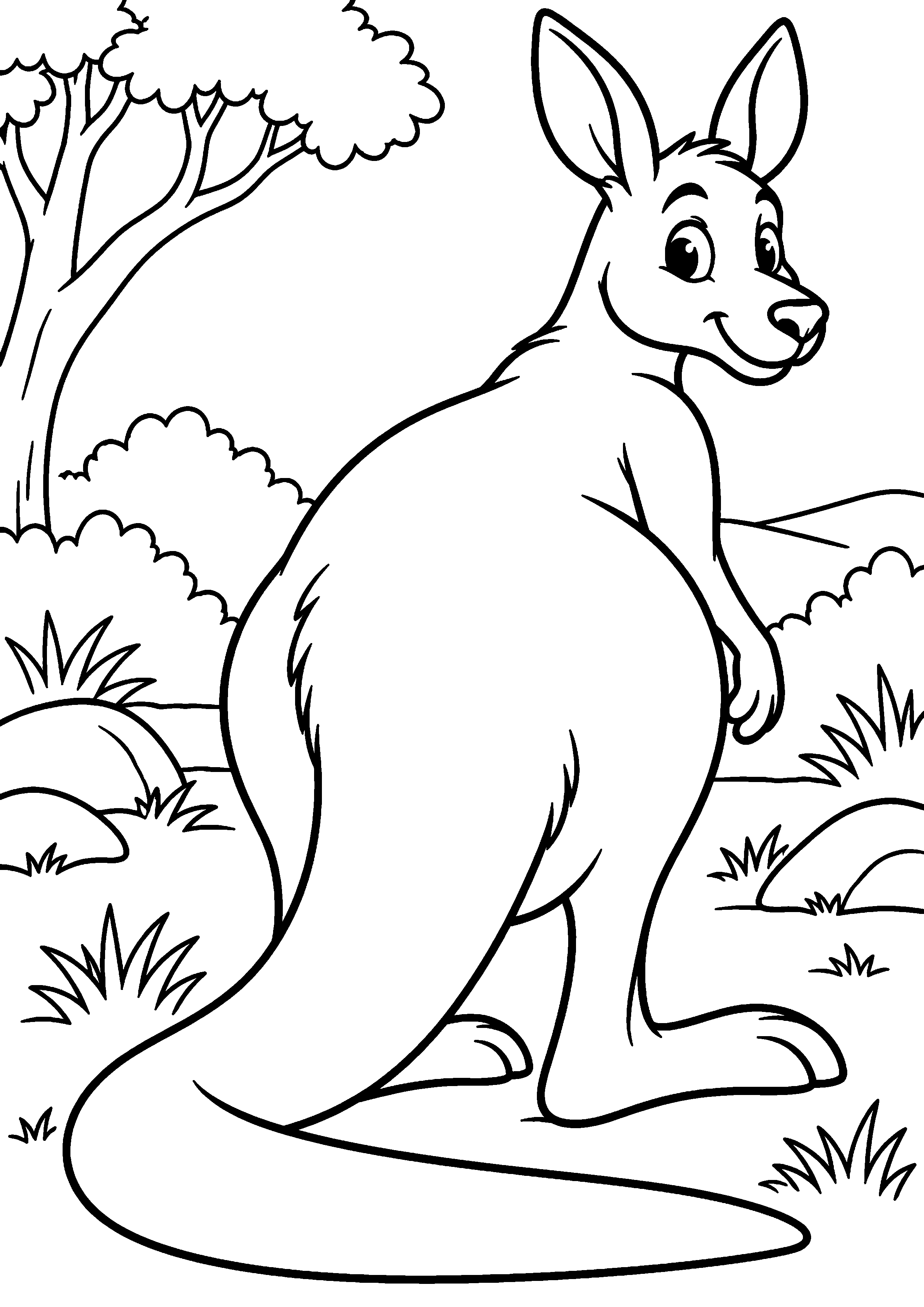 Grand coloriage d’un kangourou roulé en boule pour dormir, contours noirs nets sur fond blanc