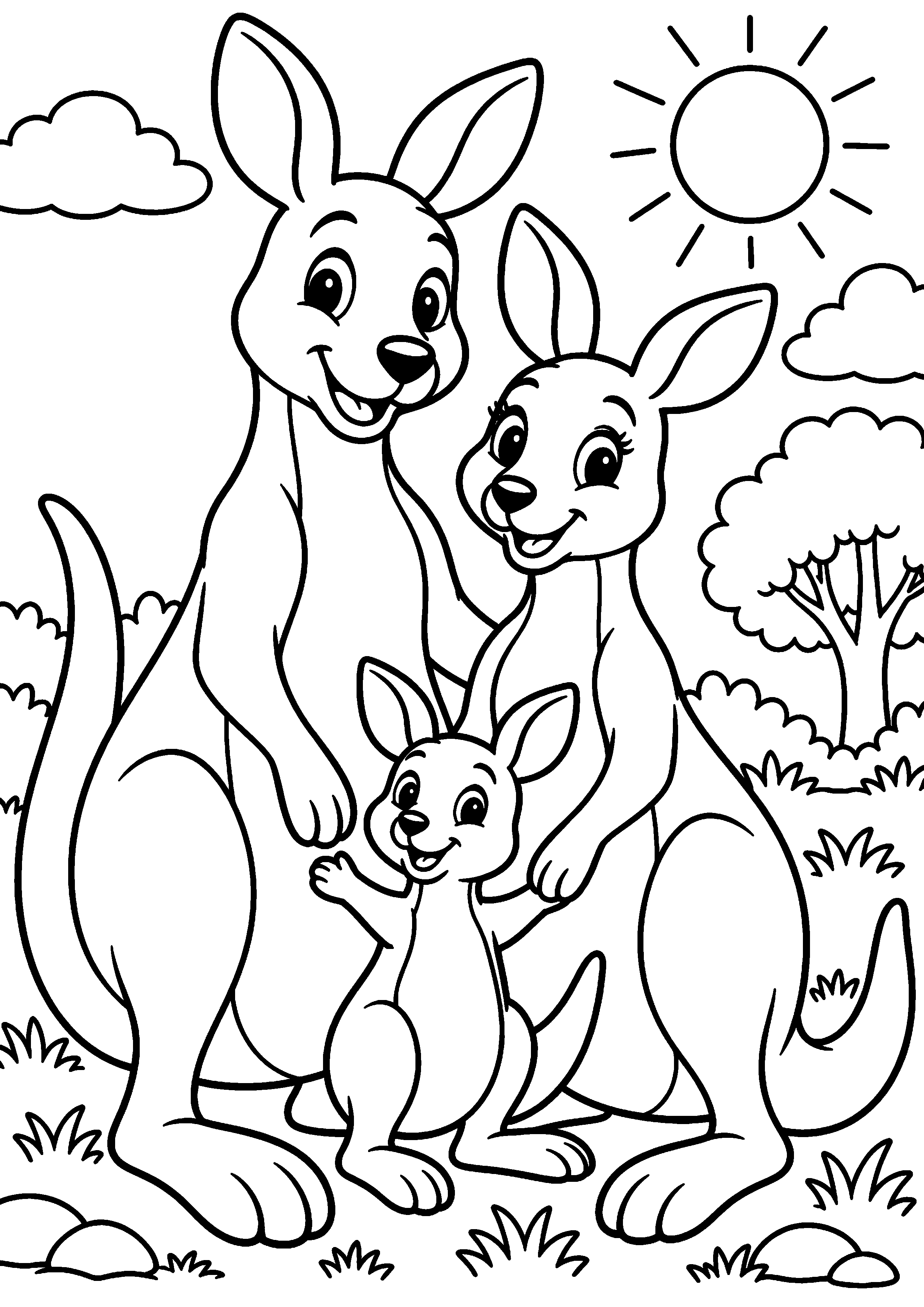 Grand coloriage d’un kangourou dans une posture curieuse très expressive, contours noirs nets sur fond blanc