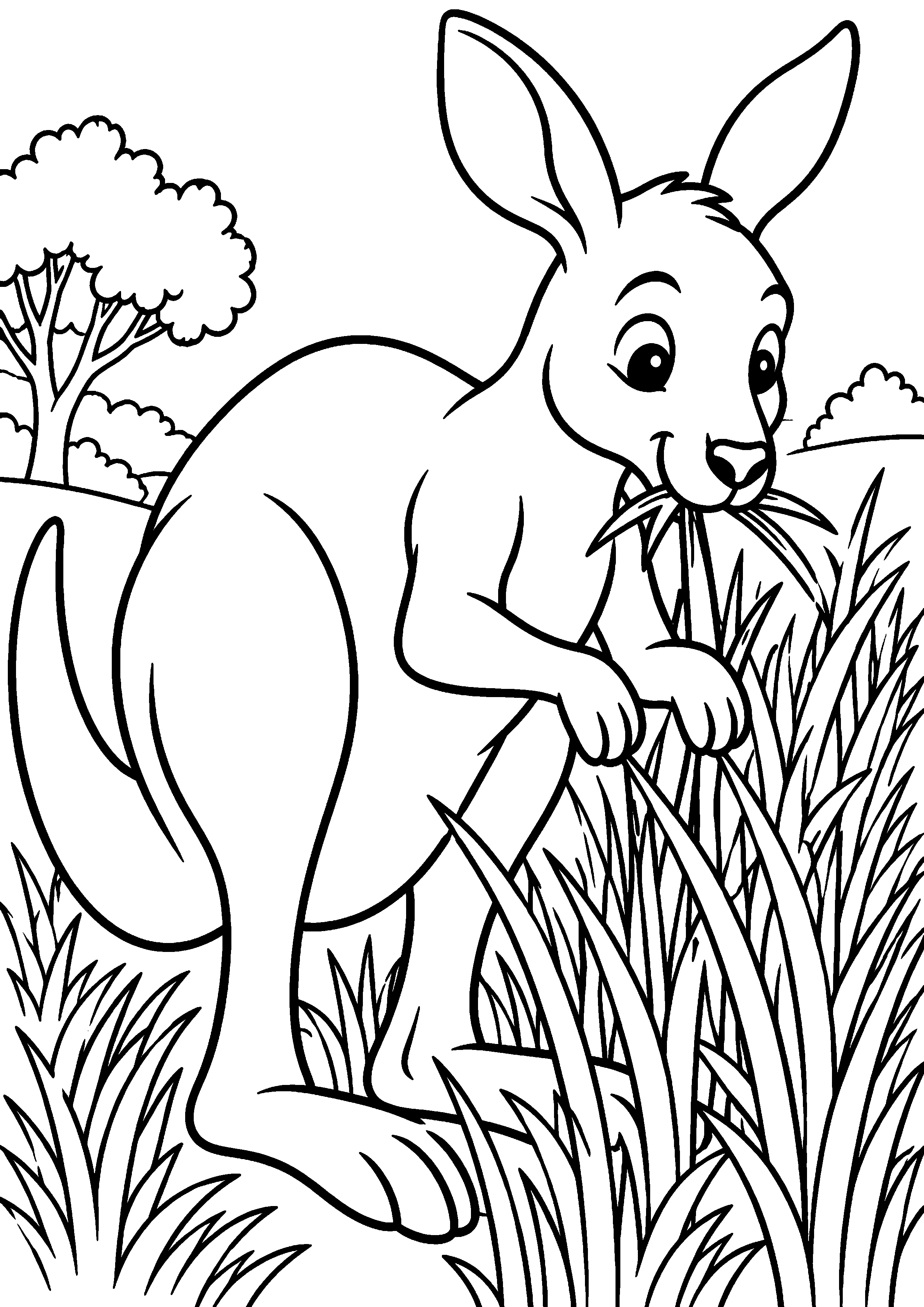Grand coloriage d’un kangourou en silhouette entière facile à colorier, contours noirs nets sur fond blanc