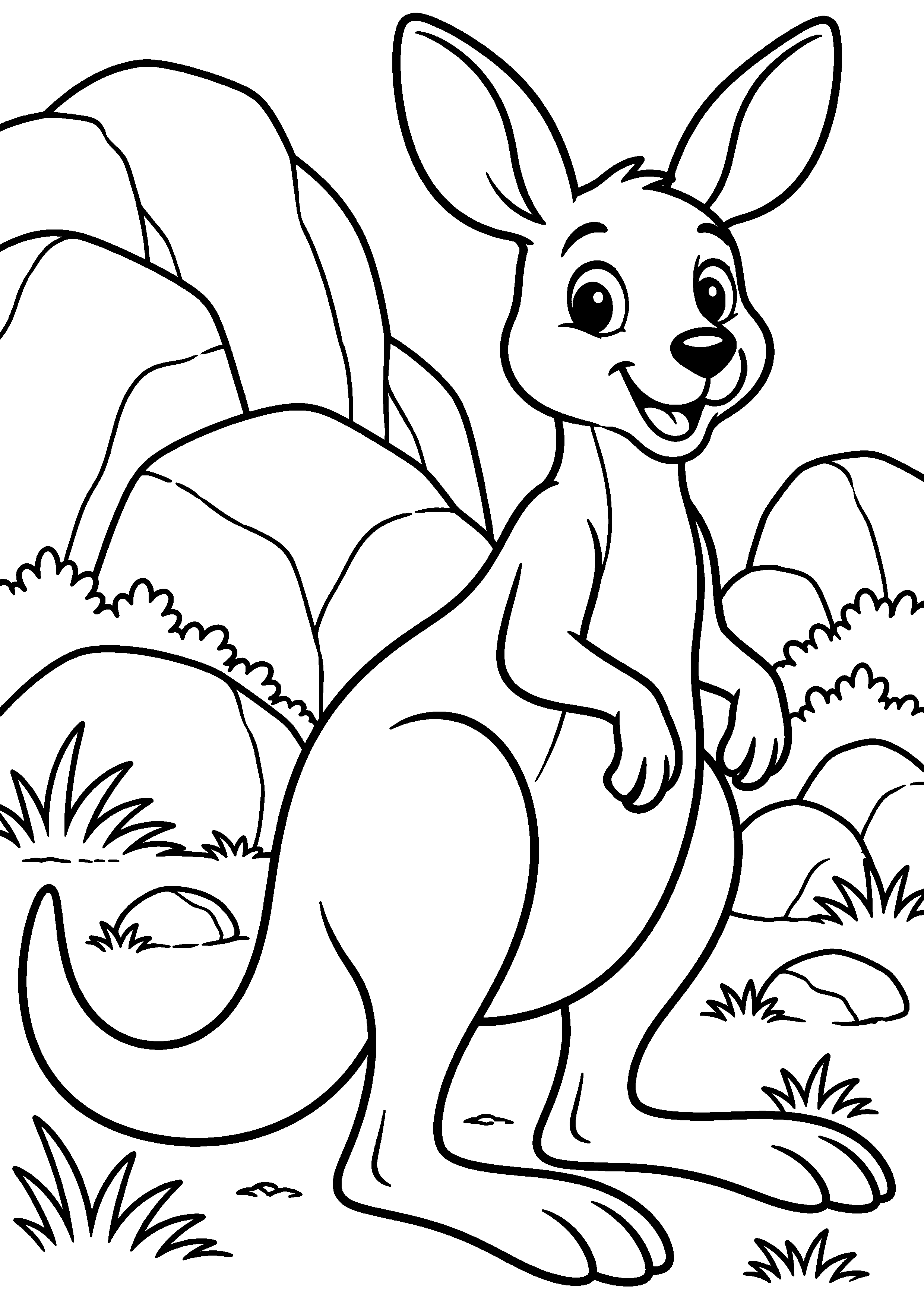 Grand coloriage d’un kangourou en portrait facile pour la maternelle, contours noirs nets sur fond blanc