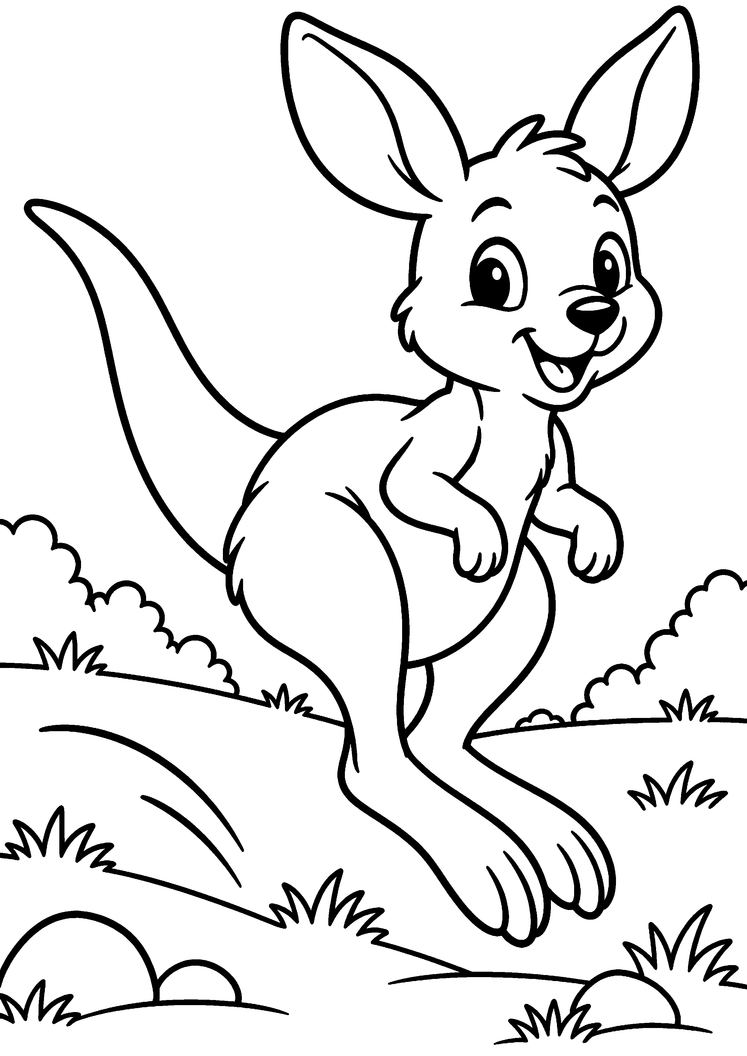 Grand coloriage d’un kangourou dans une végétation simple, contours noirs nets sur fond blanc