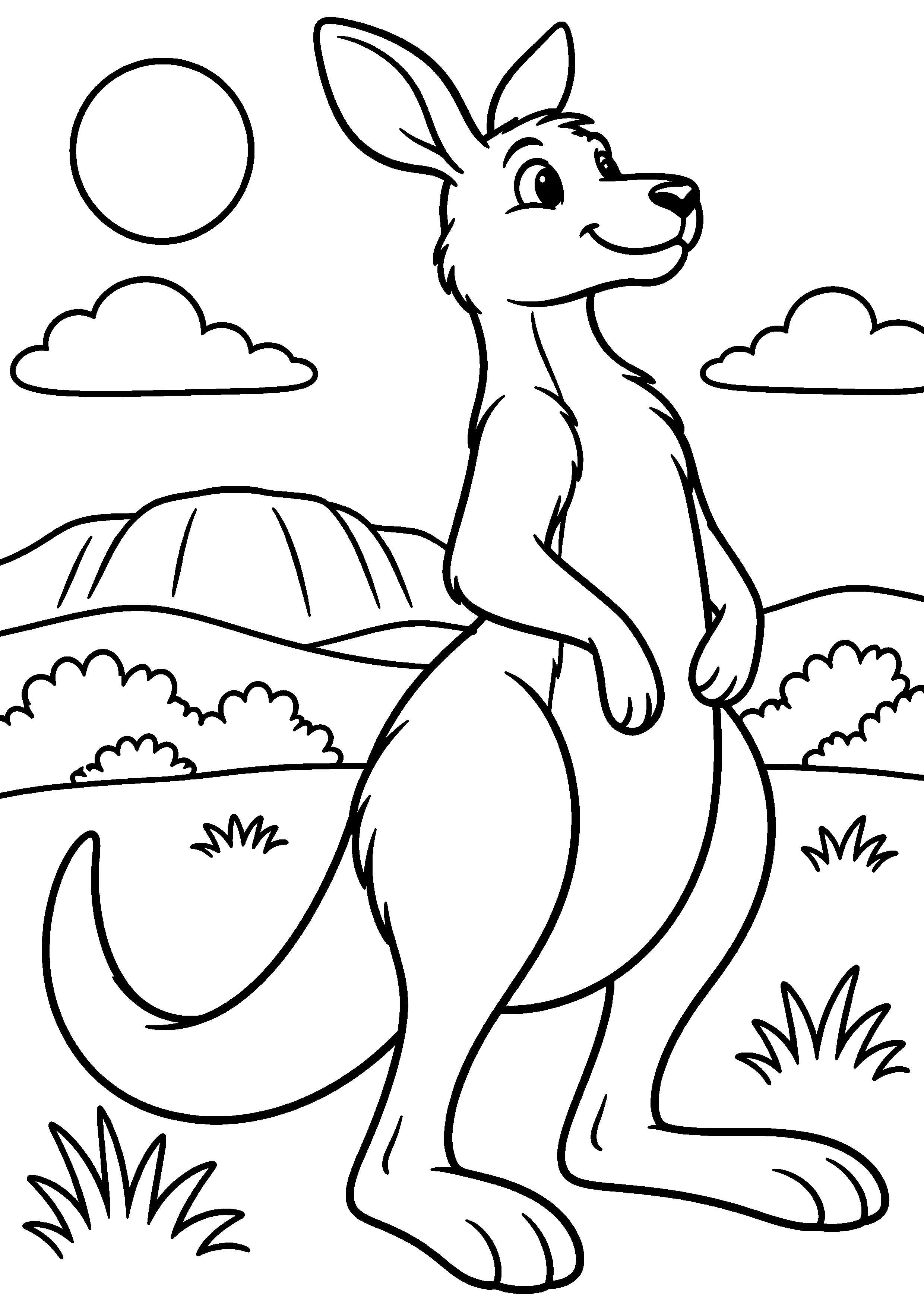 Grand coloriage d’un kangourou en portrait détaillé montrant son pelage, contours noirs nets sur fond blanc