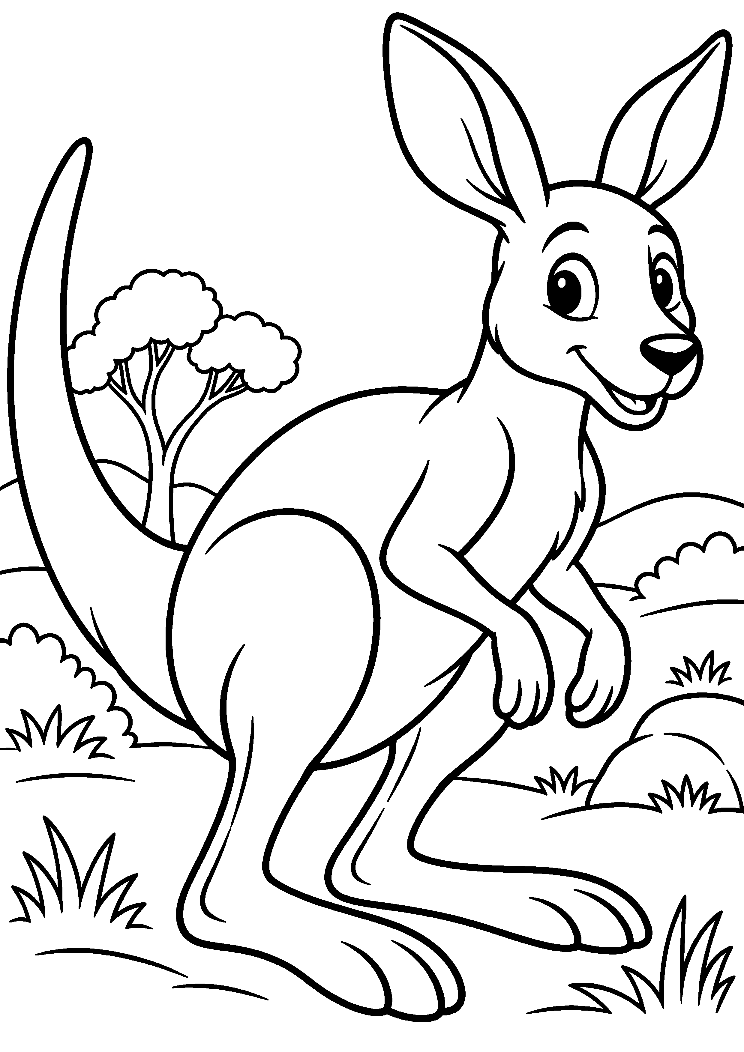 Grand coloriage d’un kangourou écoutant un bruit dans son habitat, contours noirs nets sur fond blanc