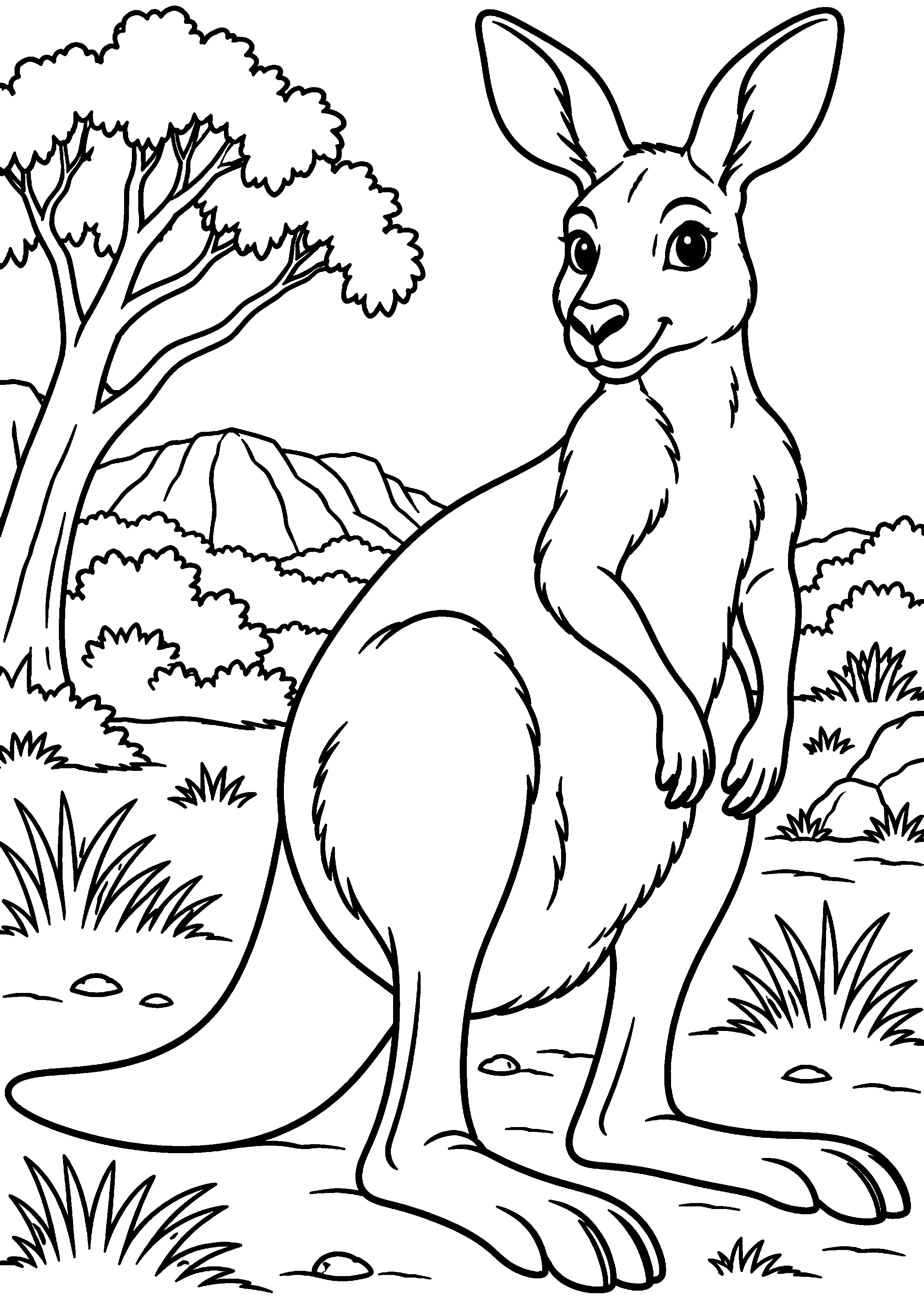 Grand coloriage d’un kangourou dans une composition naturaliste détaillée, contours noirs nets sur fond blanc