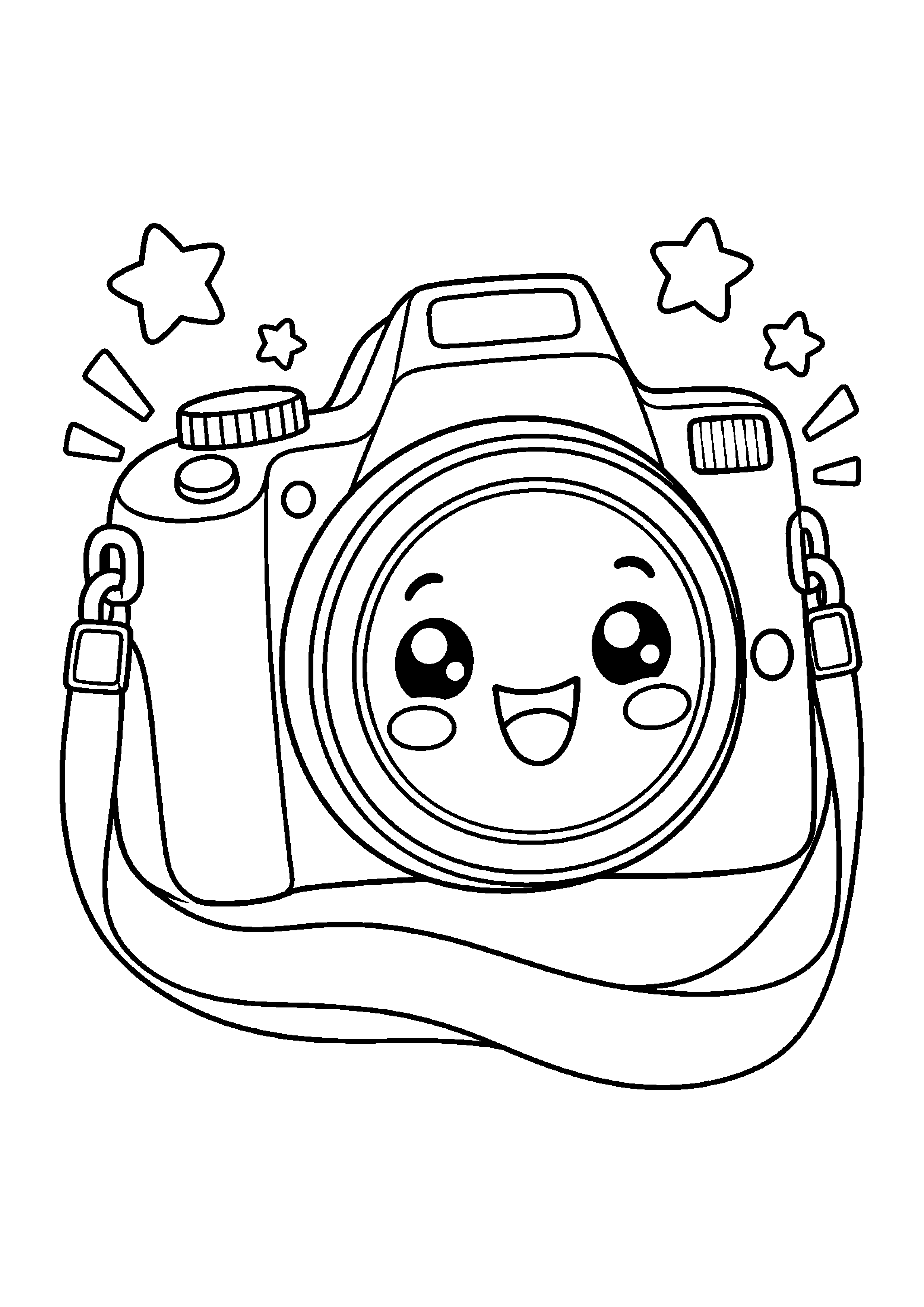 Coloriage en noir et blanc représentant appareil photo souriant avec petites étoiles, en grand format A4