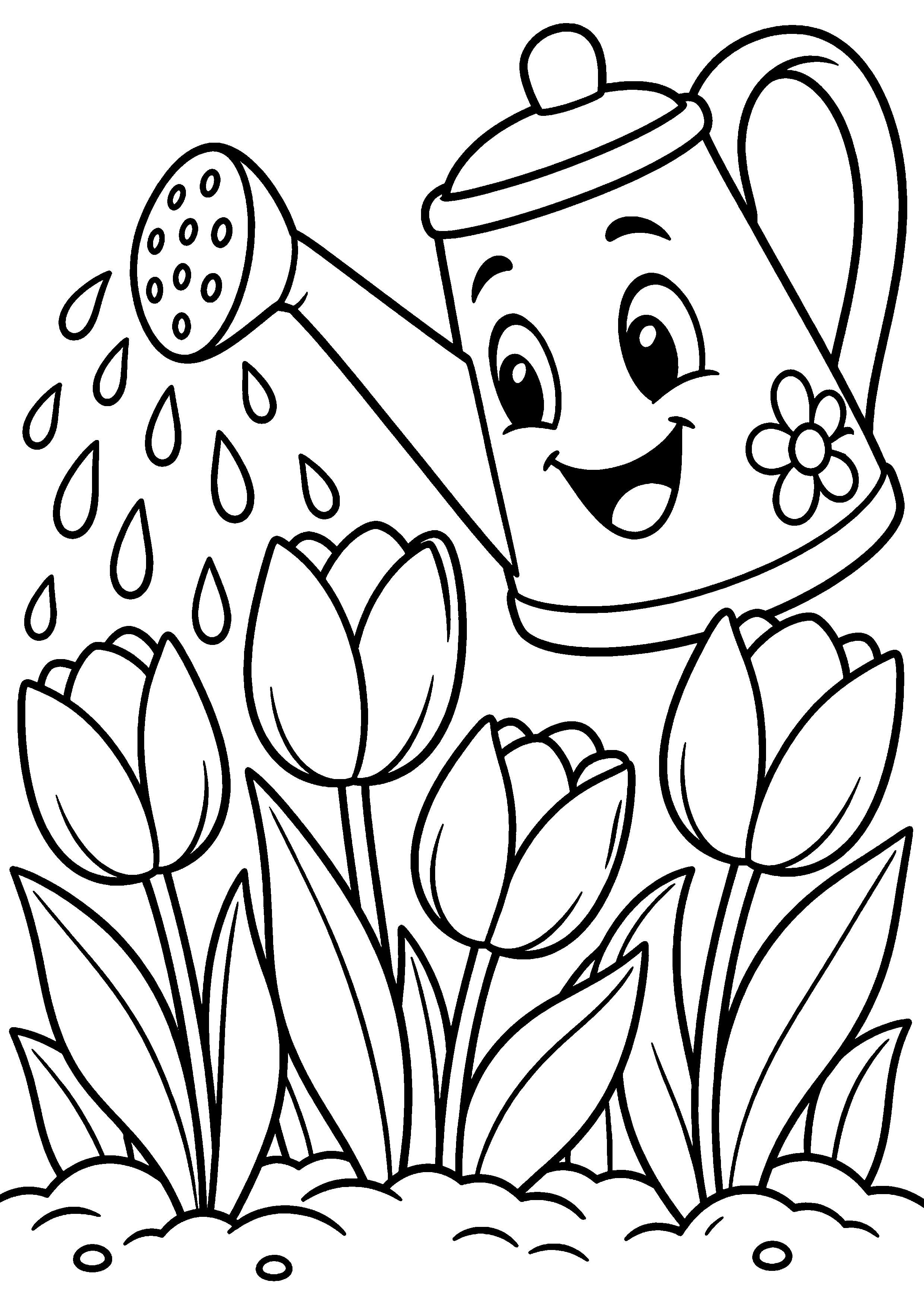 Coloriage en noir et blanc représentant arrosoir souriant faisant pousser des tulipes, en grand format A4