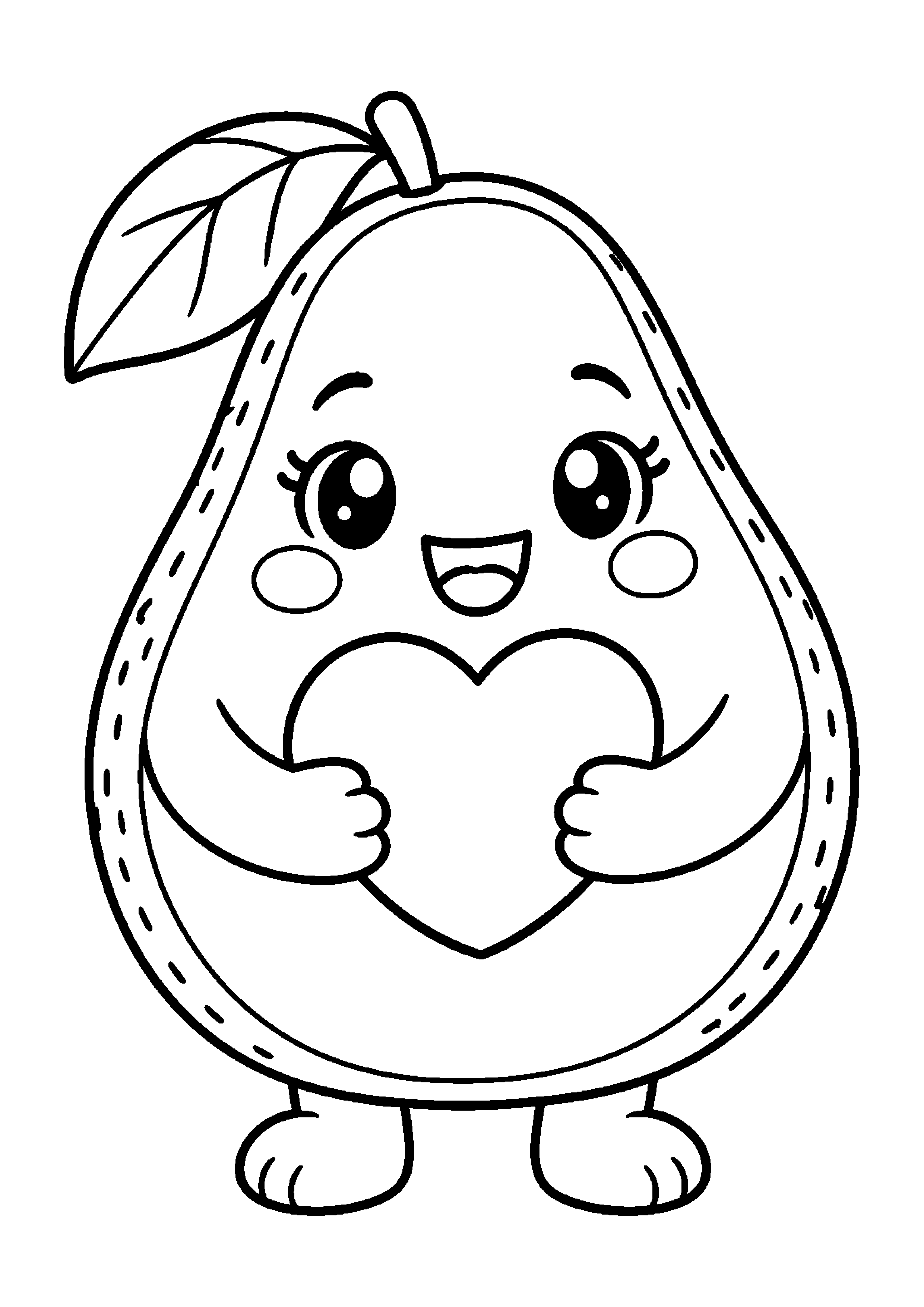 Coloriage en noir et blanc représentant avocat souriant tenant un petit cœur, en grand format A4