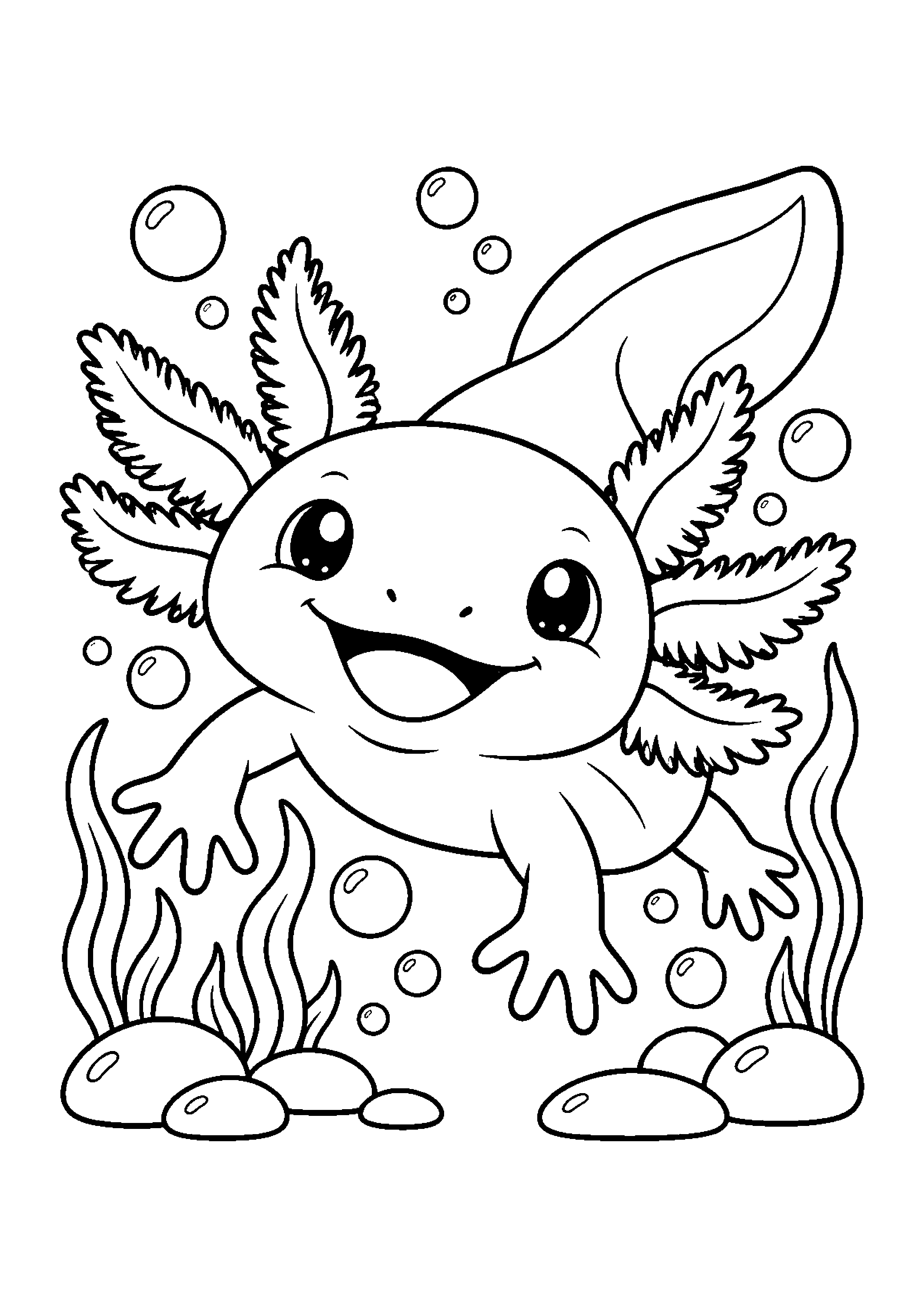 Coloriage en noir et blanc représentant axolotl souriant parmi des bulles, en grand format A4