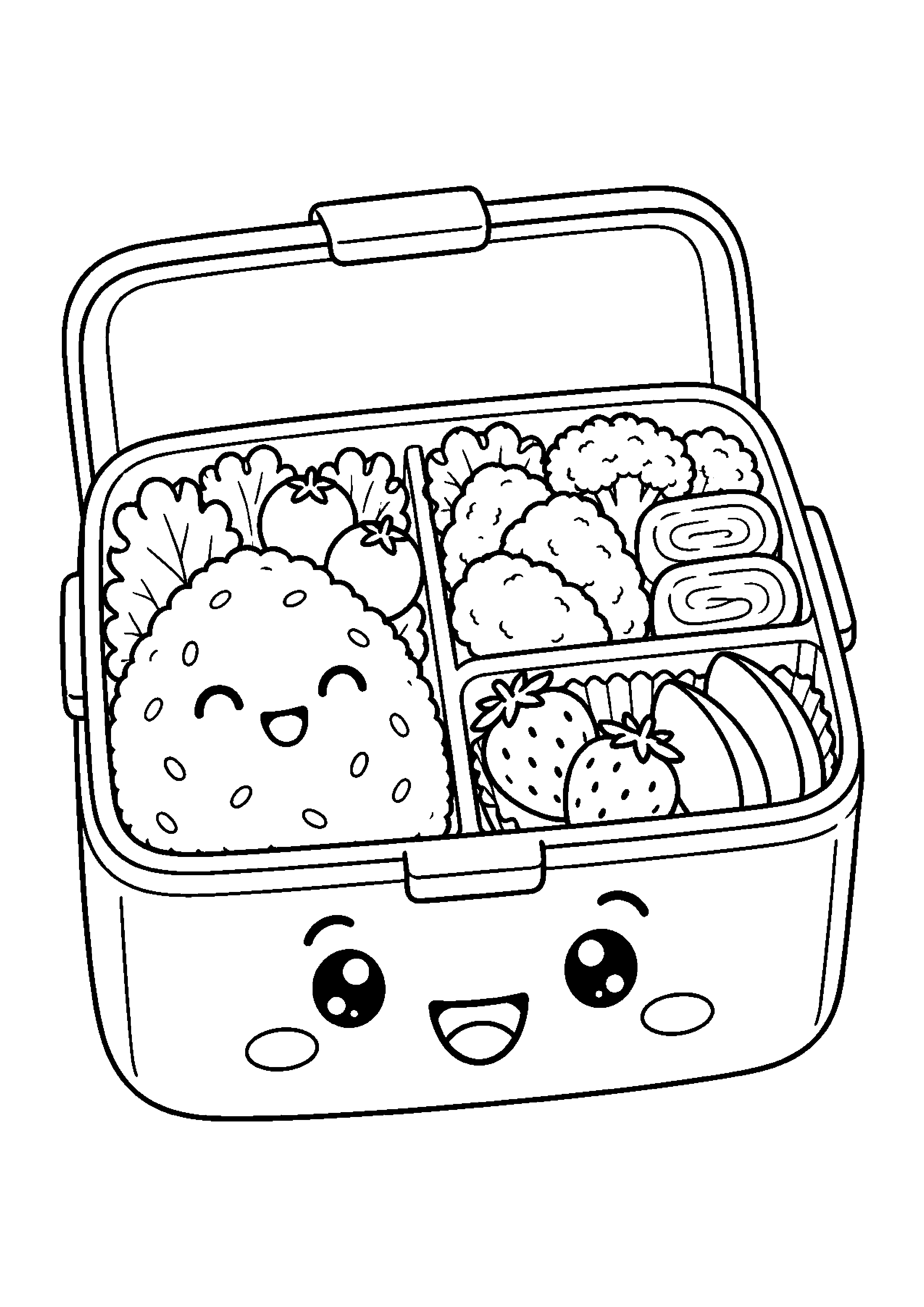 Coloriage en noir et blanc représentant boîte à bento souriante aux compartiments variés, en grand format A4