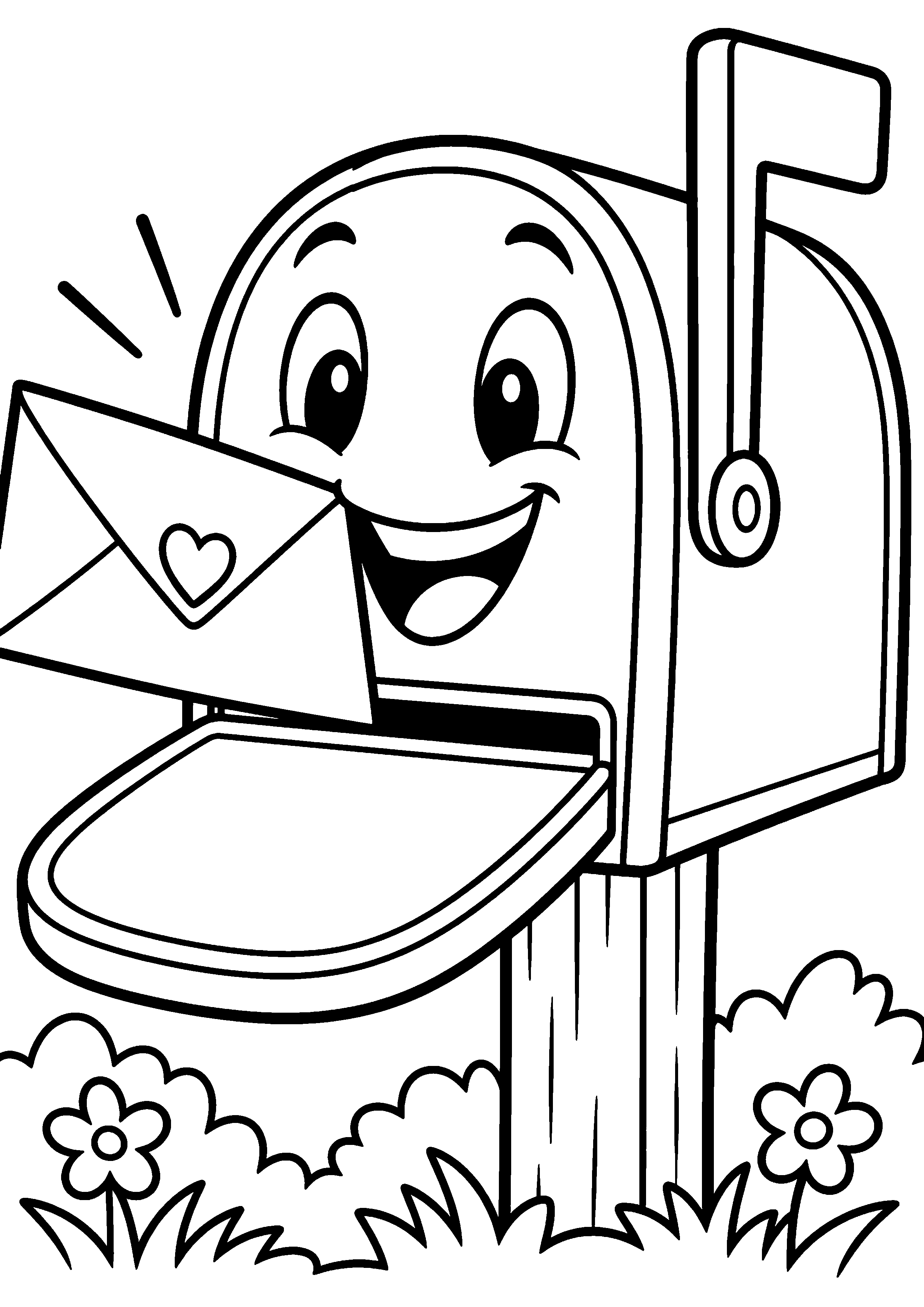 Coloriage en noir et blanc représentant boîte aux lettres souriante recevant une carte, en grand format A4