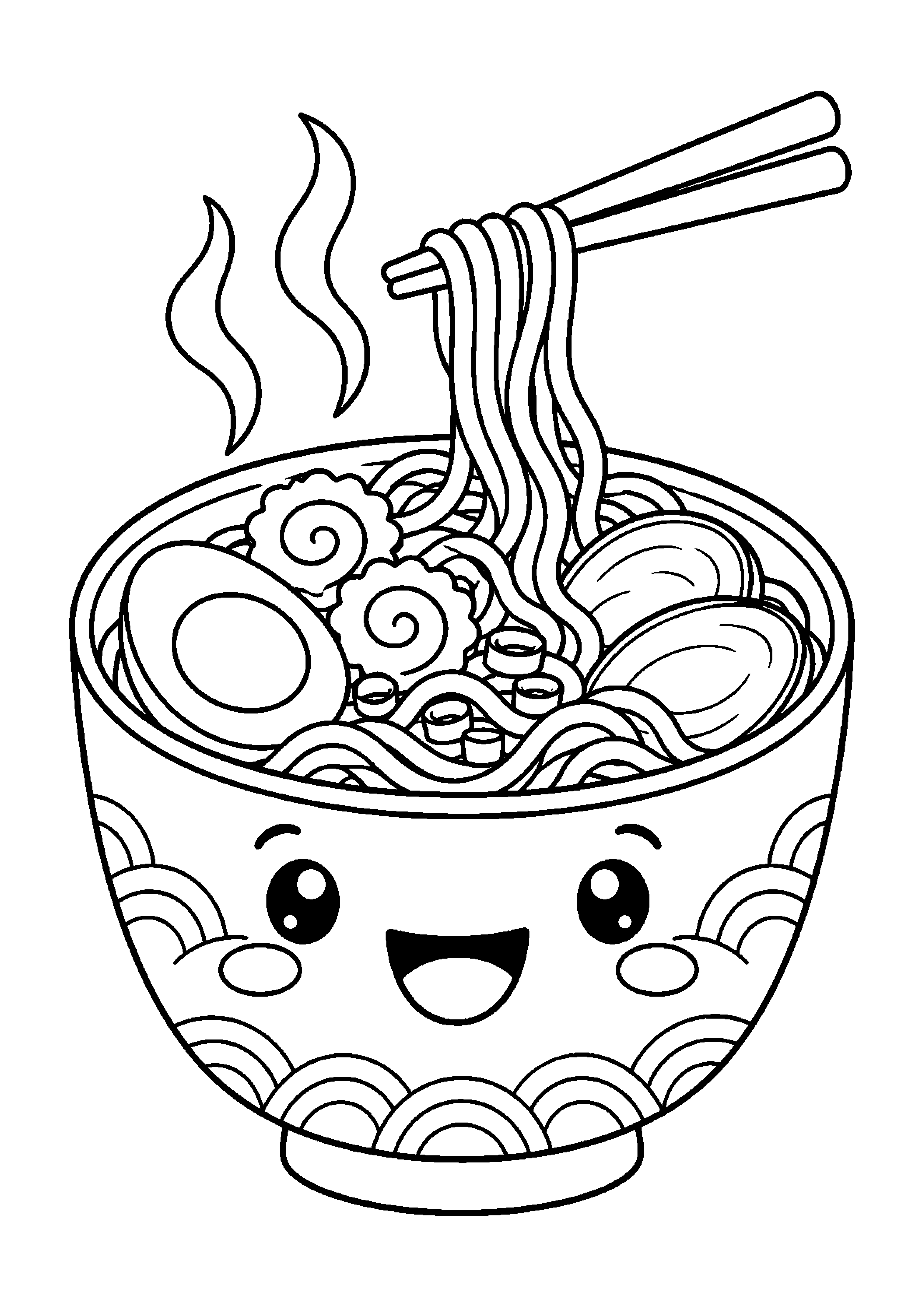 Coloriage en noir et blanc représentant bol de ramen souriant avec baguettes, en grand format A4