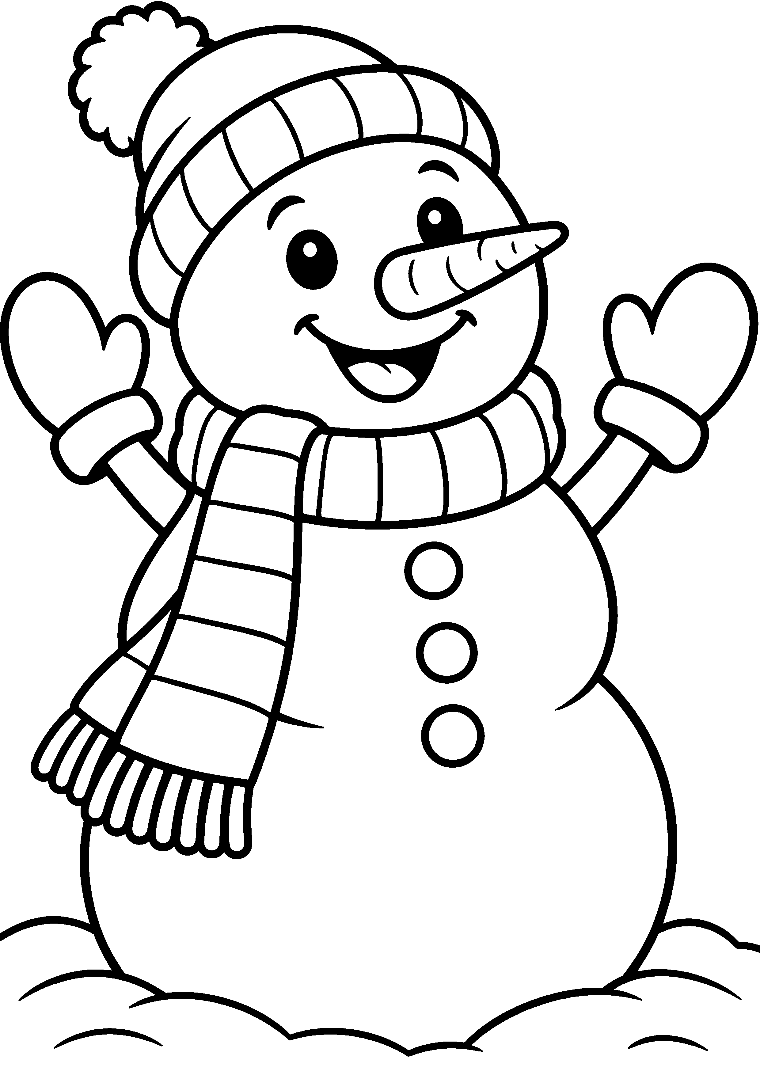 Coloriage en noir et blanc représentant bonhomme de neige souriant avec écharpe, en grand format A4