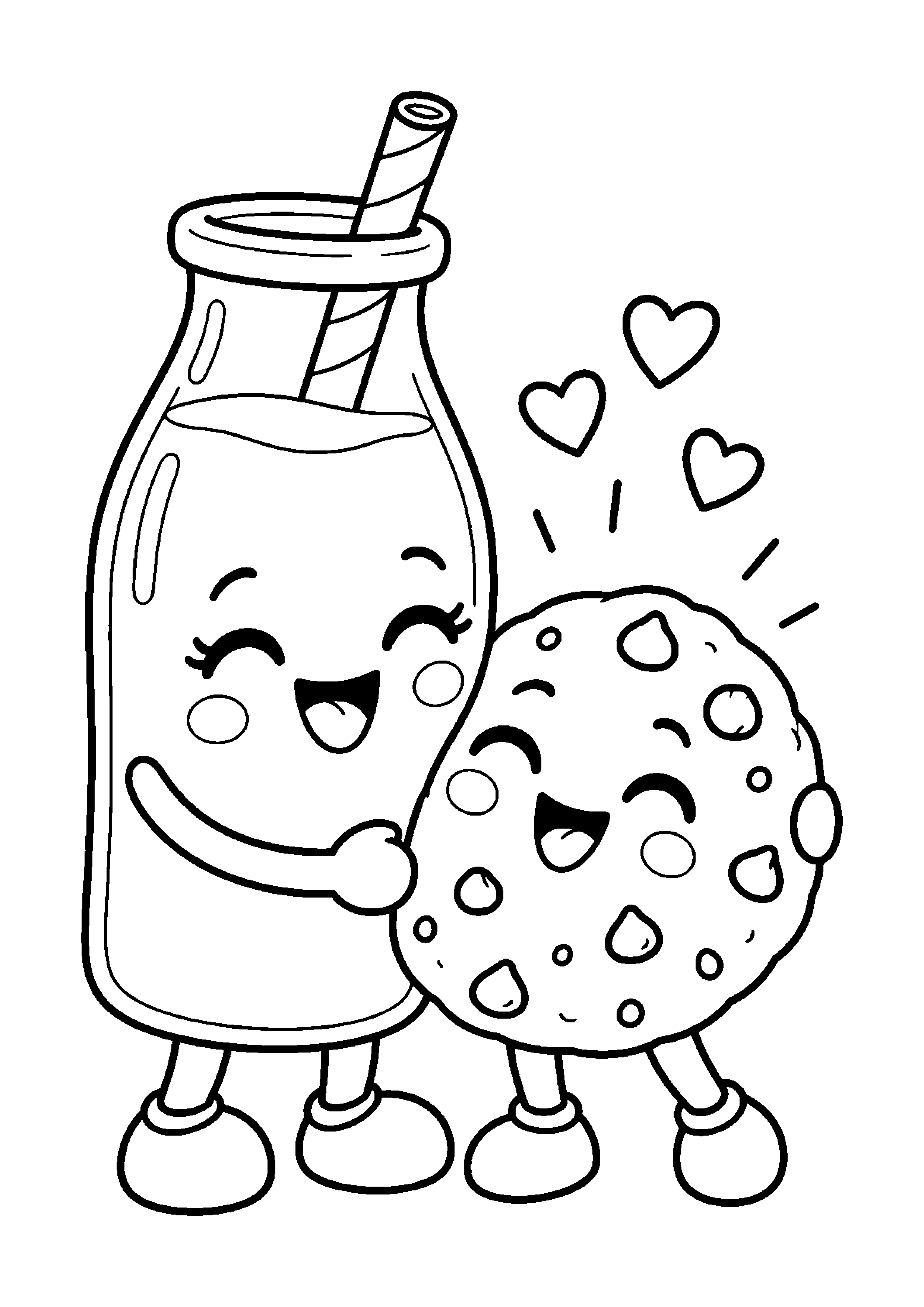 Coloriage en noir et blanc représentant bouteille de lait et biscuit meilleurs amis, en grand format A4