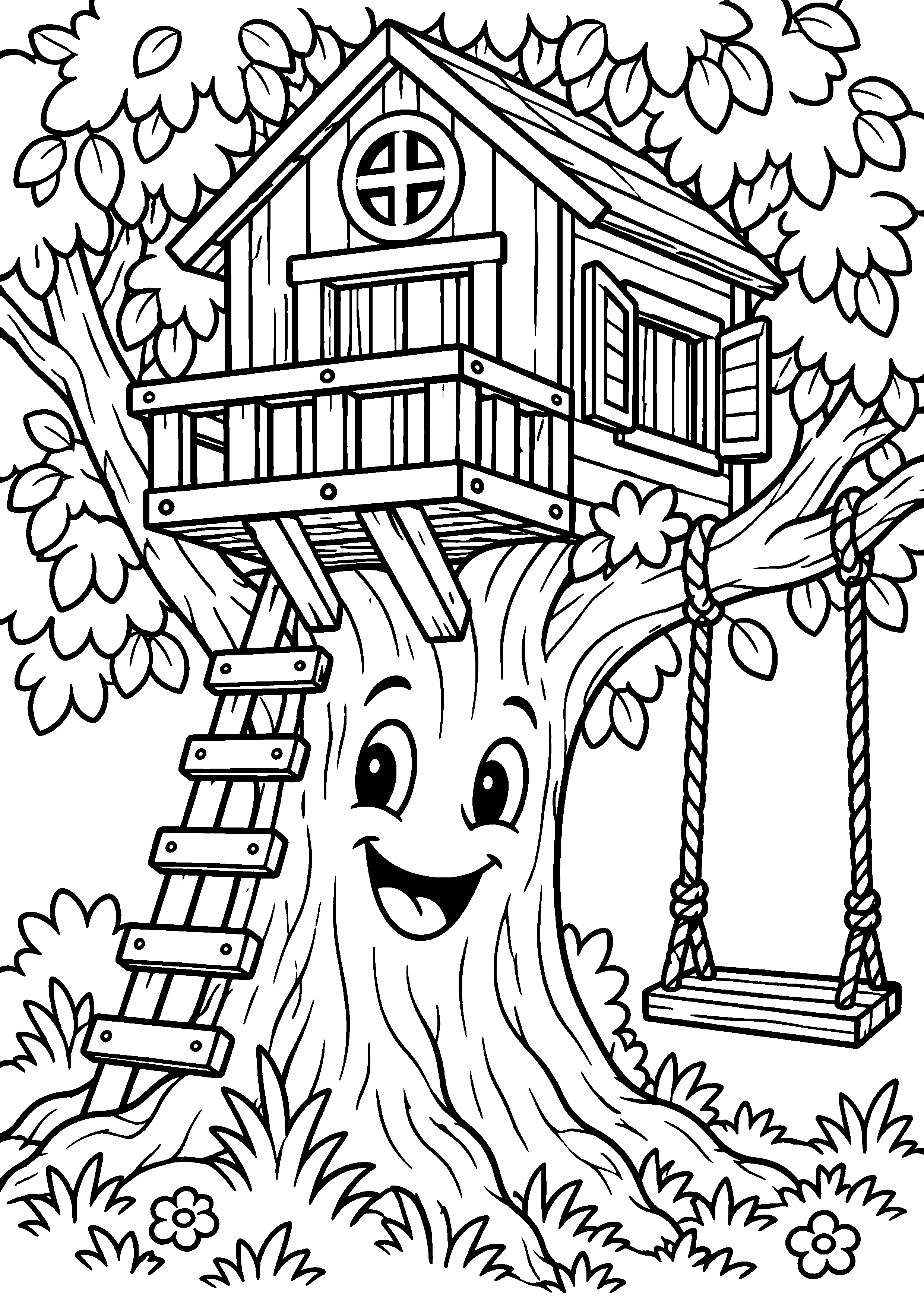 Coloriage en noir et blanc représentant cabane dans un arbre souriante avec balançoire, en grand format A4
