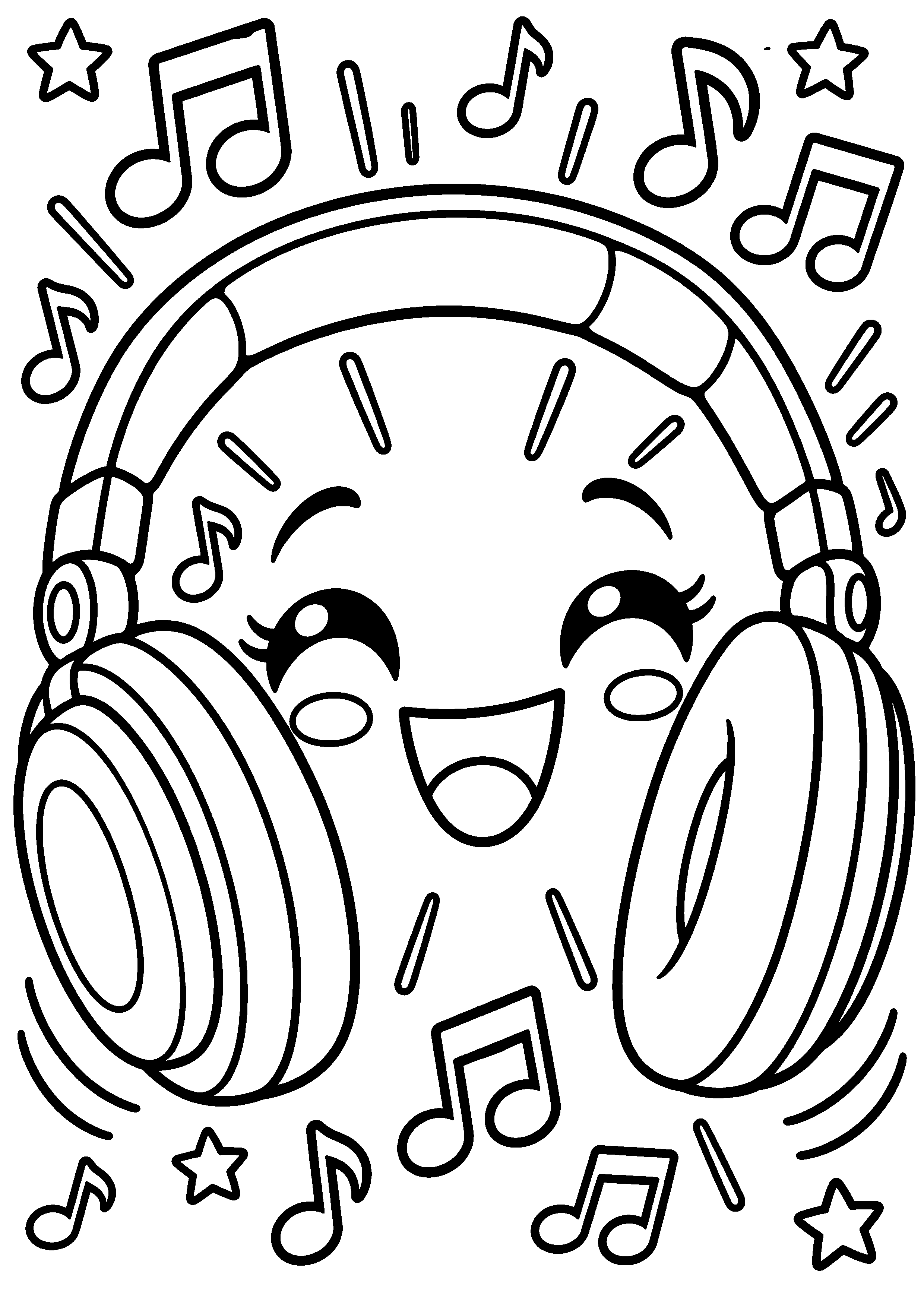 Coloriage en noir et blanc représentant casque audio souriant entouré de notes sans texte, en grand format A4