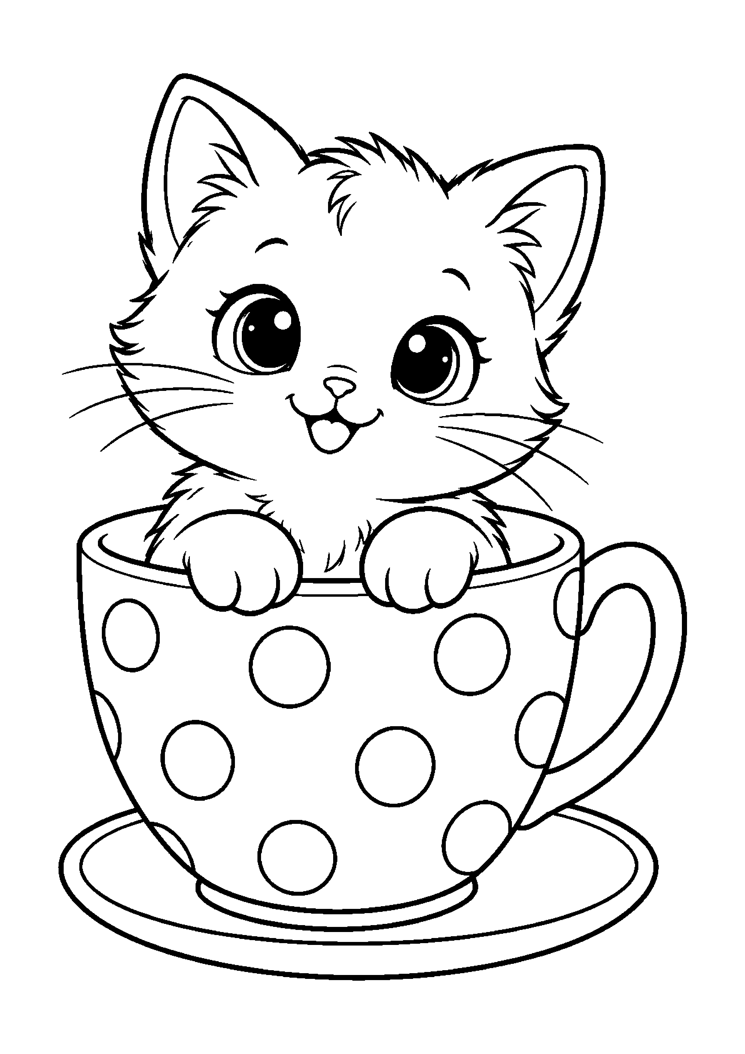 Coloriage en noir et blanc représentant chaton dans une grande tasse à pois, en grand format A4