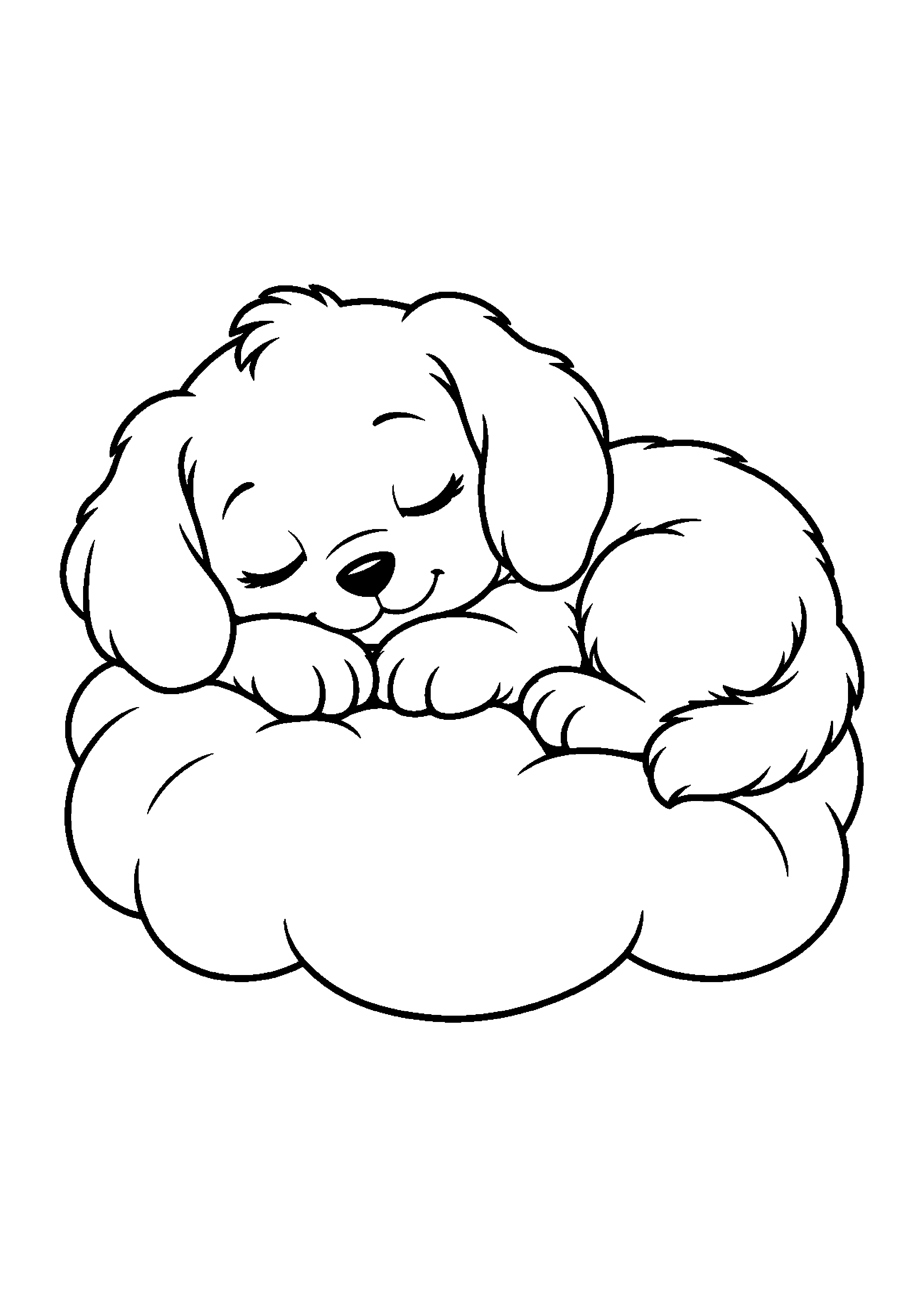 Coloriage en noir et blanc représentant chiot endormi sur un coussin nuage, en grand format A4