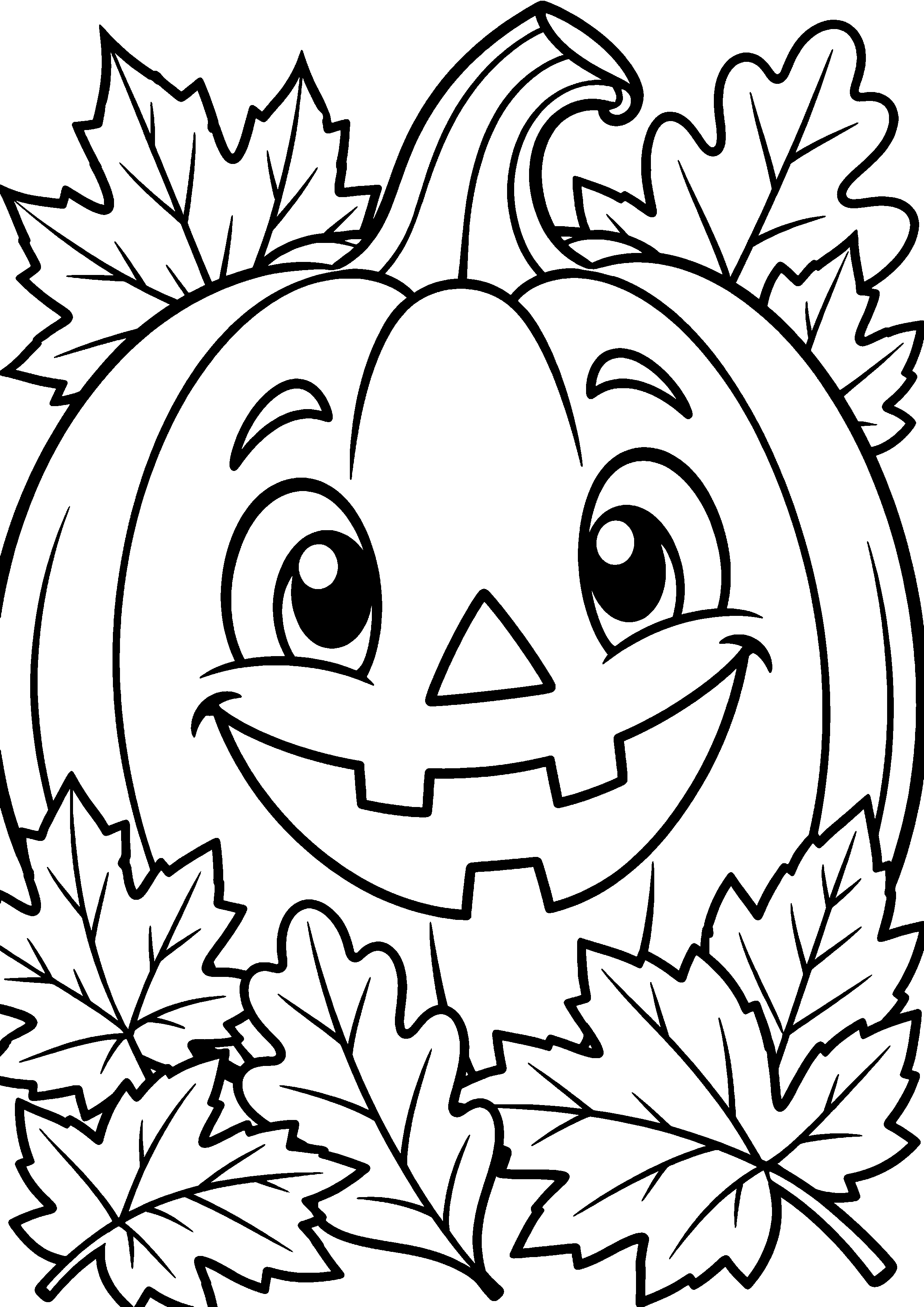 Coloriage en noir et blanc représentant citrouille souriante entourée de feuilles, en grand format A4