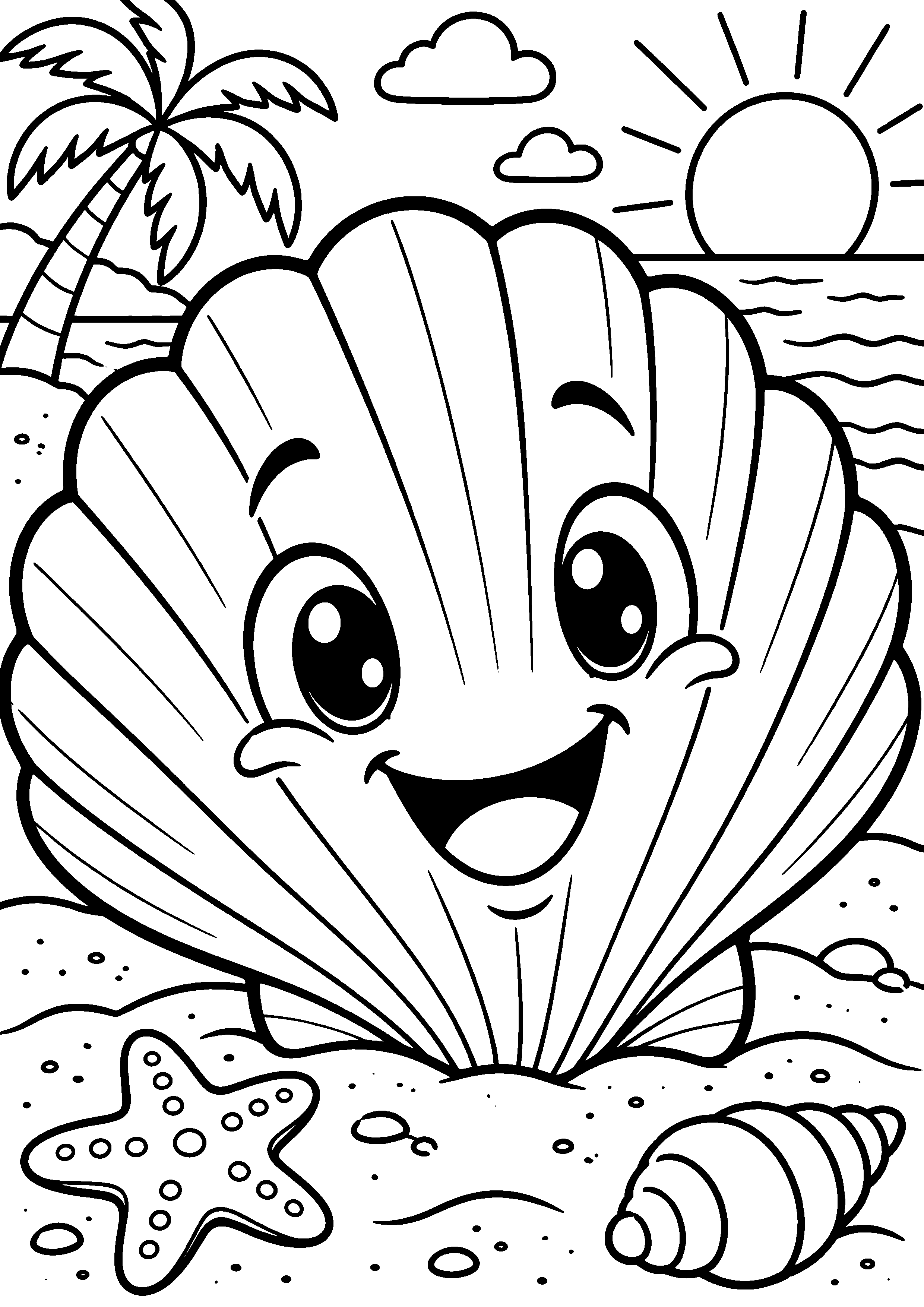 Coloriage en noir et blanc représentant coquillage souriant sur une plage, en grand format A4