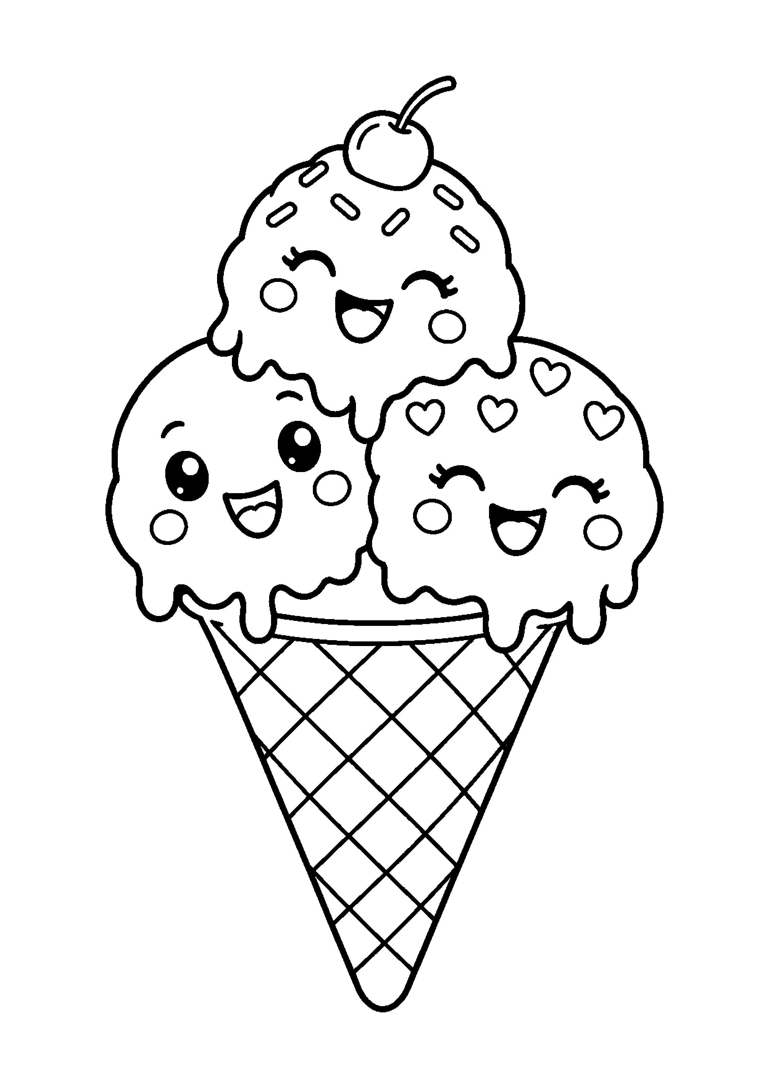 Coloriage en noir et blanc représentant cornet de glace à trois boules souriantes, en grand format A4
